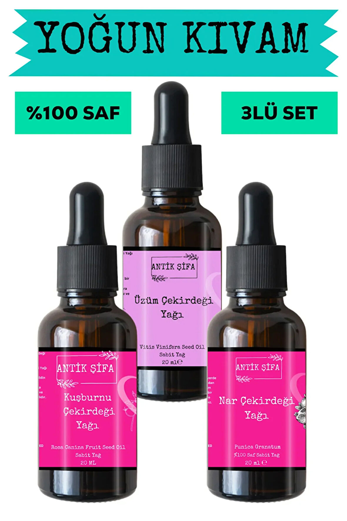 Kuşburnu Çekirdeği, Üzüm Çekirdeği Ve Nar Çekirdeği Yağı (3X20ML)-%100 Saf Doğal Sabit Yağ Seti