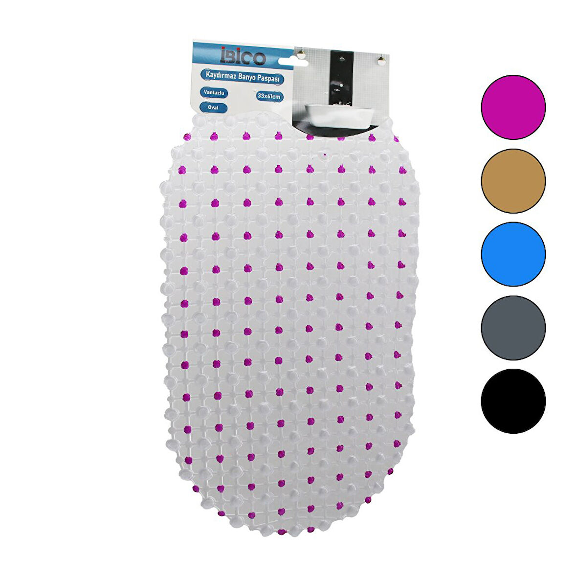 OVAL - EKO PVC +VANTUZ DESEN - ŞEFFAF RENKLİ 122PCS VANTUZ KAYDIRMAZ BANYO - KÜVET PASPAS 33X61CM 