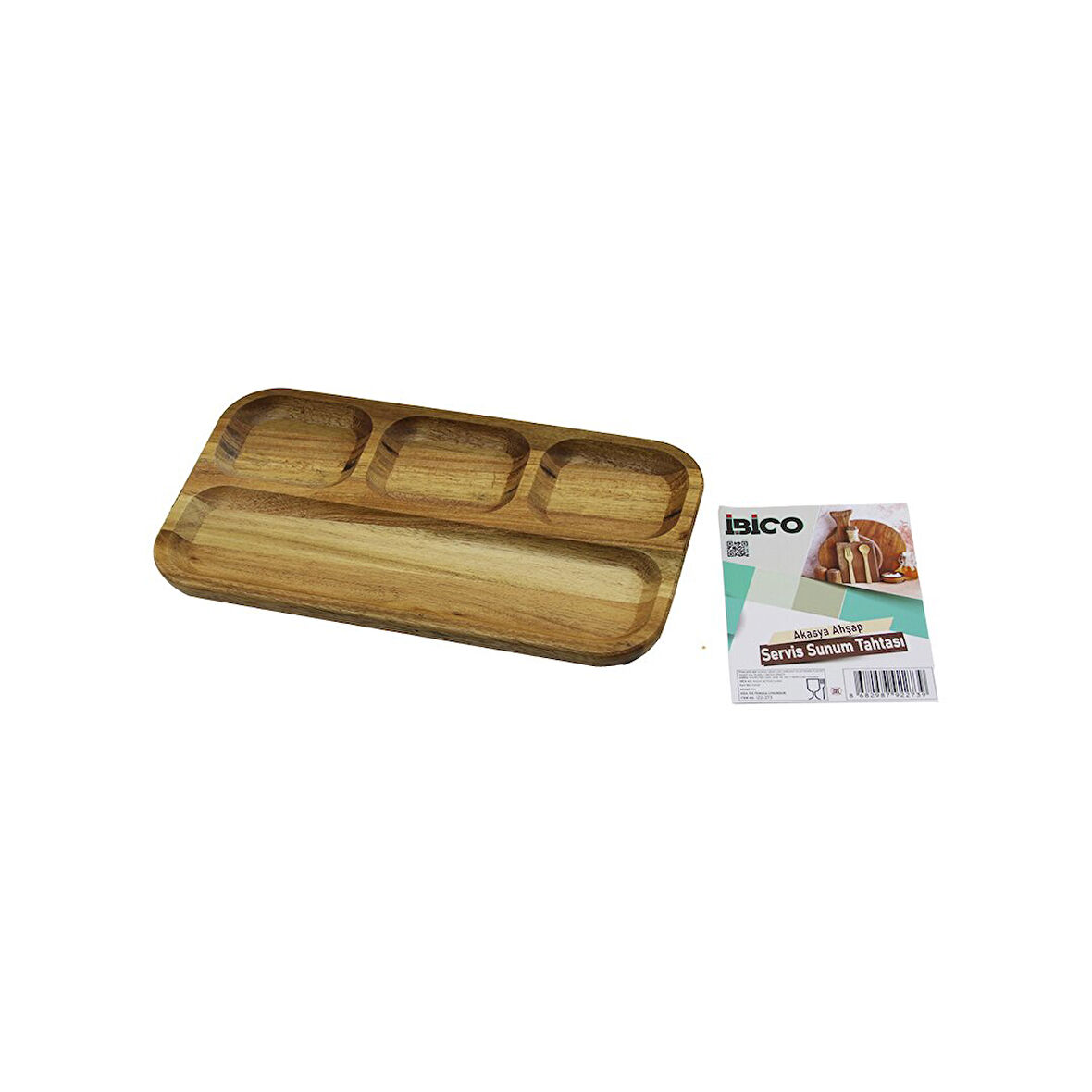 AKASYA DİKDÖRTGEN  4 BÖLMELİ=3+1  AHŞAP SERVİS SUNUM TEPSİ - TAHTASI  25 X 14 X 1.4CM 