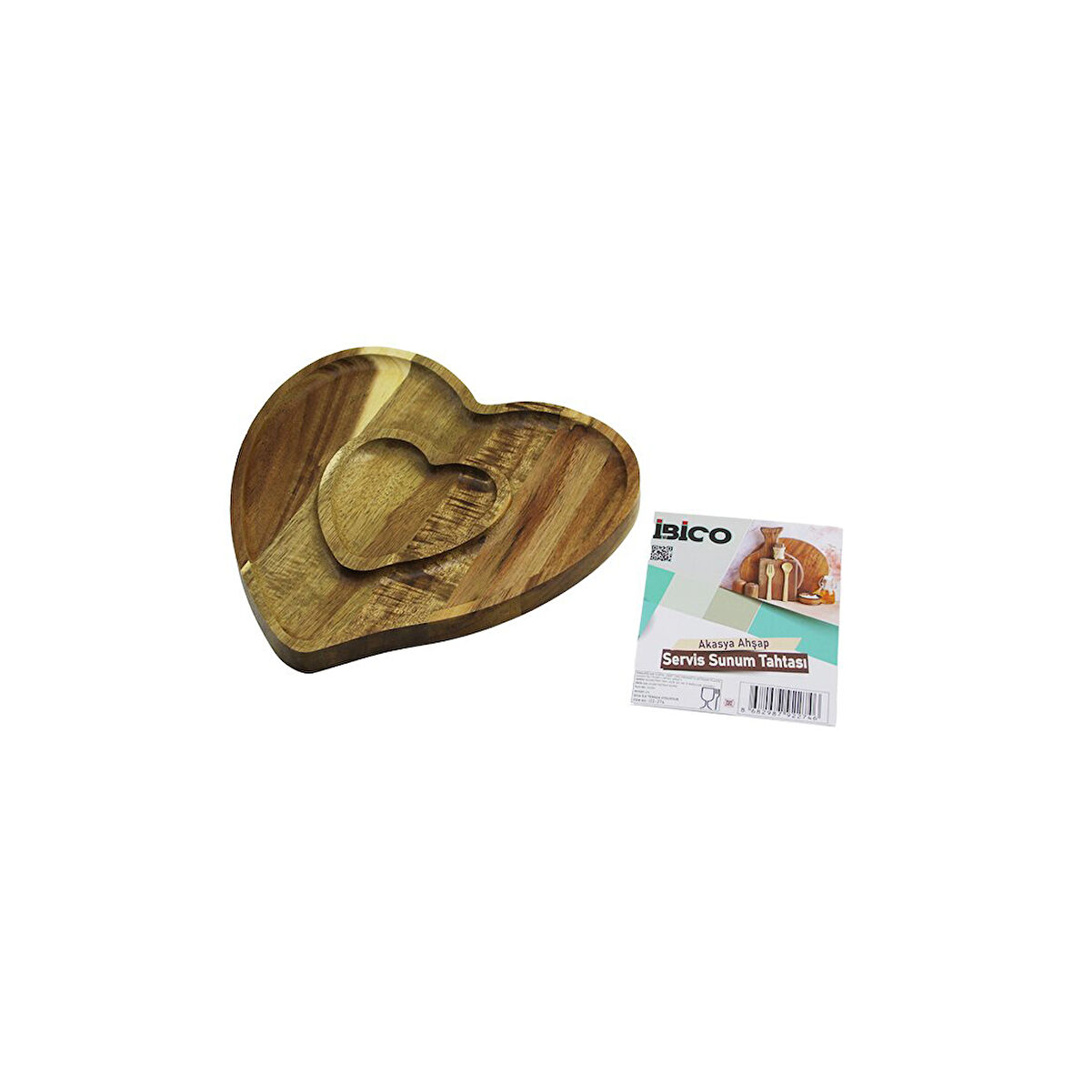 AKASYA  KALP MODEL   2 BÖLMELİ=1+1  AHŞAP BAMBU SERVİS SUNUM TEPSİ - TAHTASI  20.5 X 19.5 X 1.4CM 