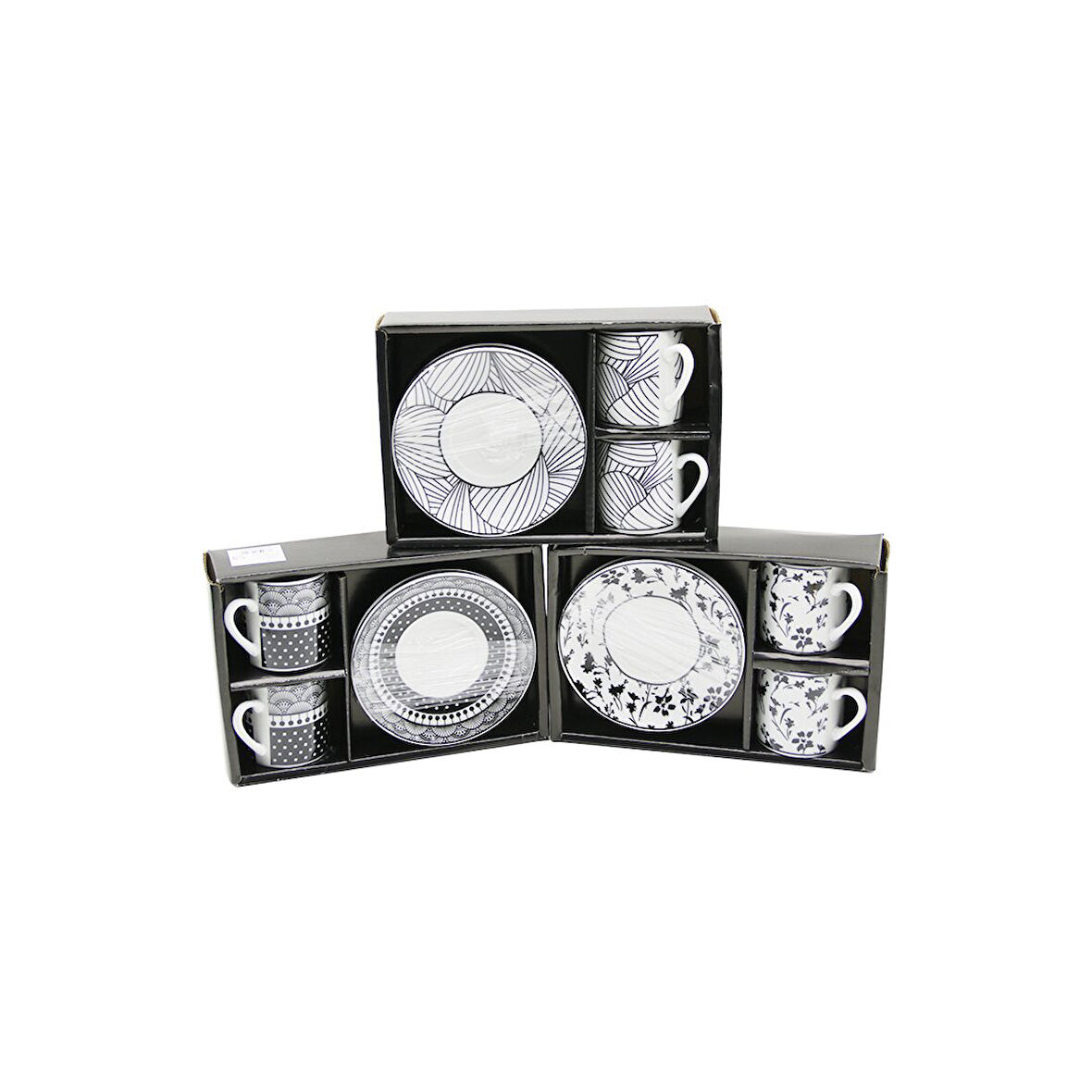 SİYAH - BEYAZ 4PCS=2-TAKIM  PORSELEN KAHVE FİNCANI  ÇİÇEK - ÇİZGİ - NOKTA MİX DESEN 