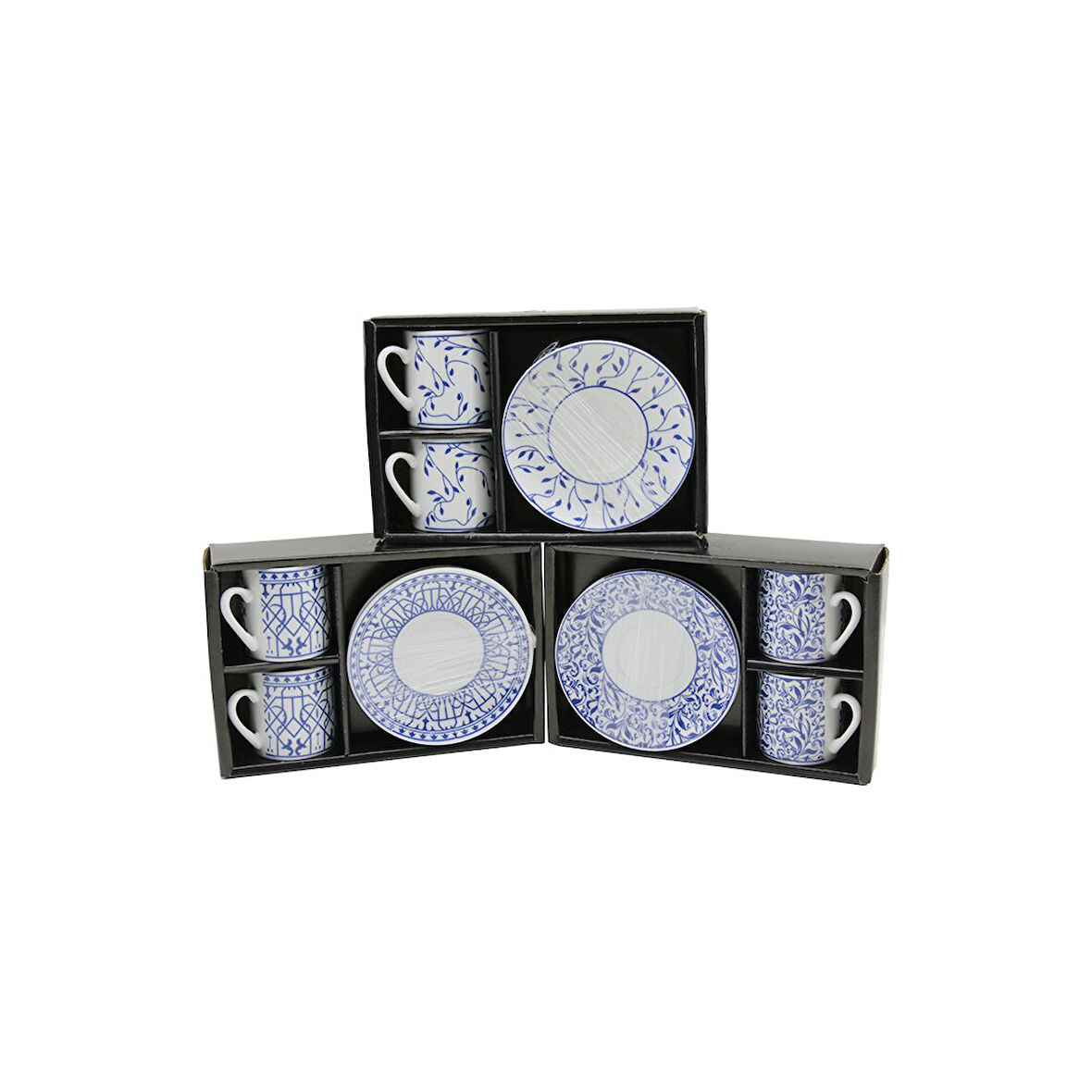 MAVİ - BEYAZ 4PCS=2-TAKIM  PORSELEN KAHVE FİNCANI  ÇİÇEK - ÇİZGİ - NOKTA MİX DESEN