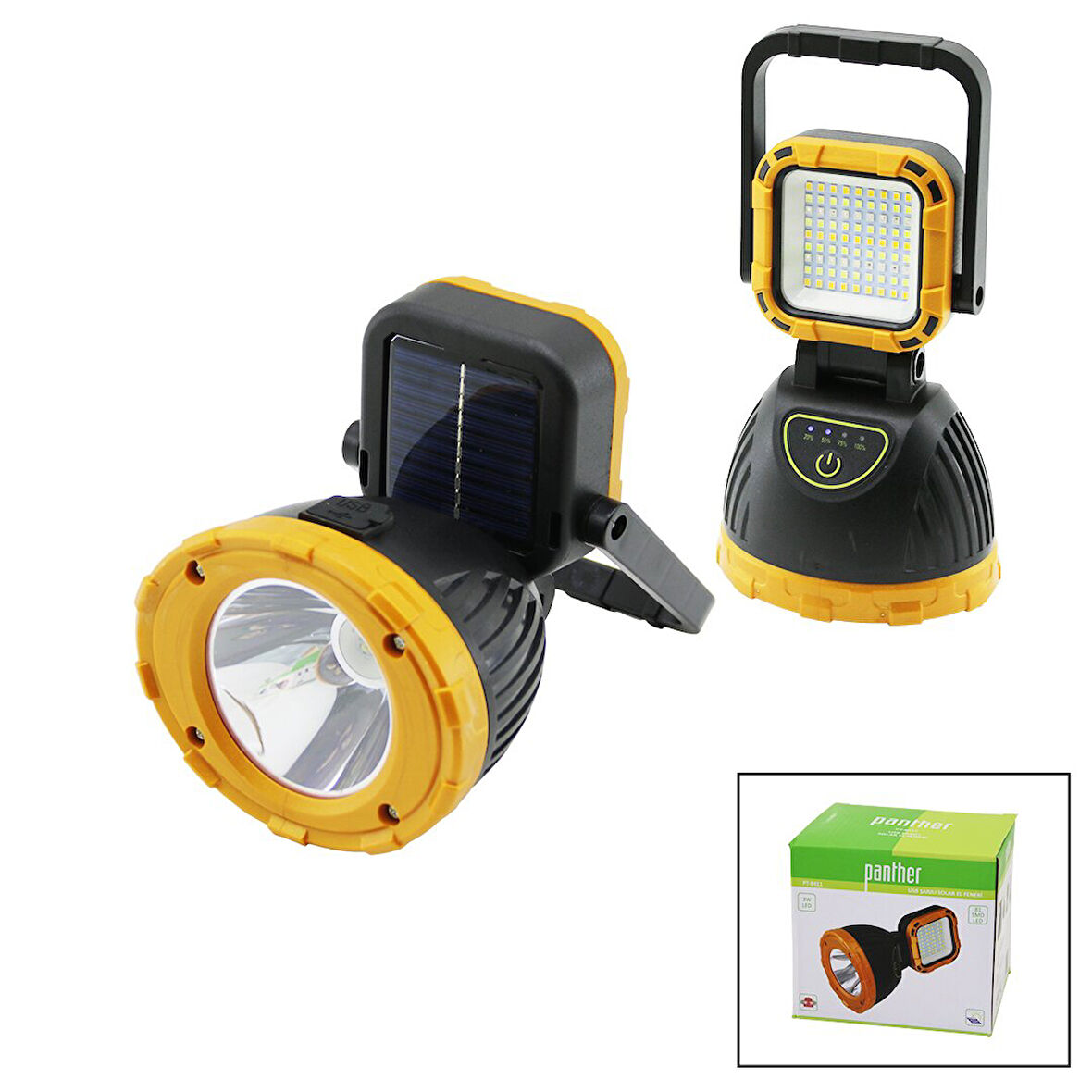 2İN 13W+81SMD LEDSOLAR - USB ŞARJLIEL FENERİ POWERBANK 180° AYAR FLAŞÖR 1200LM IŞIK AYARI PT-8411