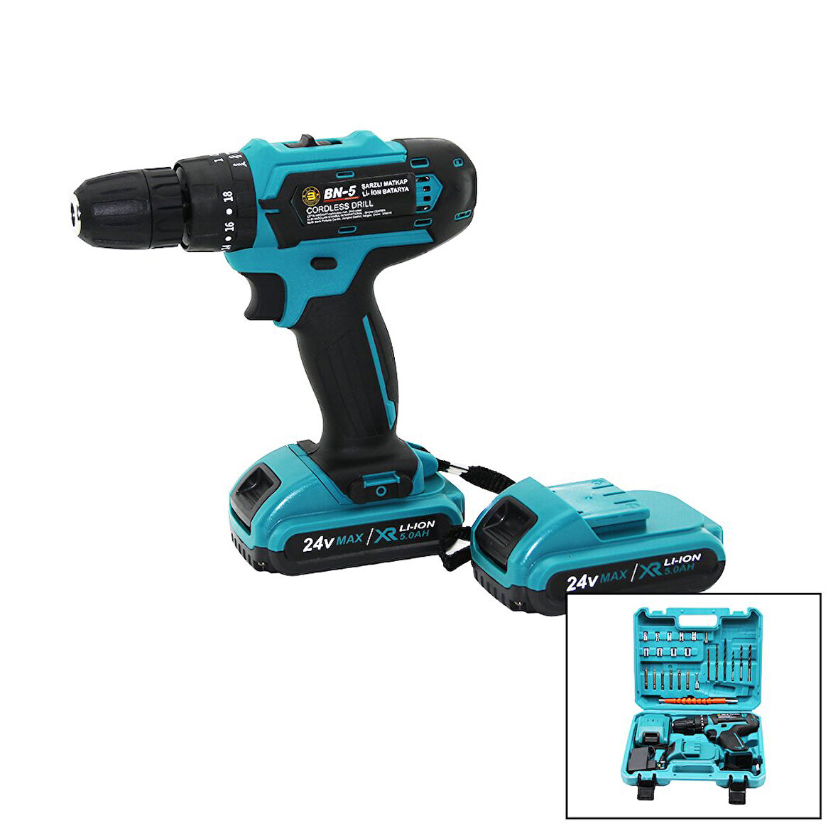 MAVİ 1250 RPM BN-5 F-136 CORDLESS DRILL FULL ŞARJLI=24V=5.0Ah - 2 BATARYA MATKAP SETİ ÇANTALI (4490)