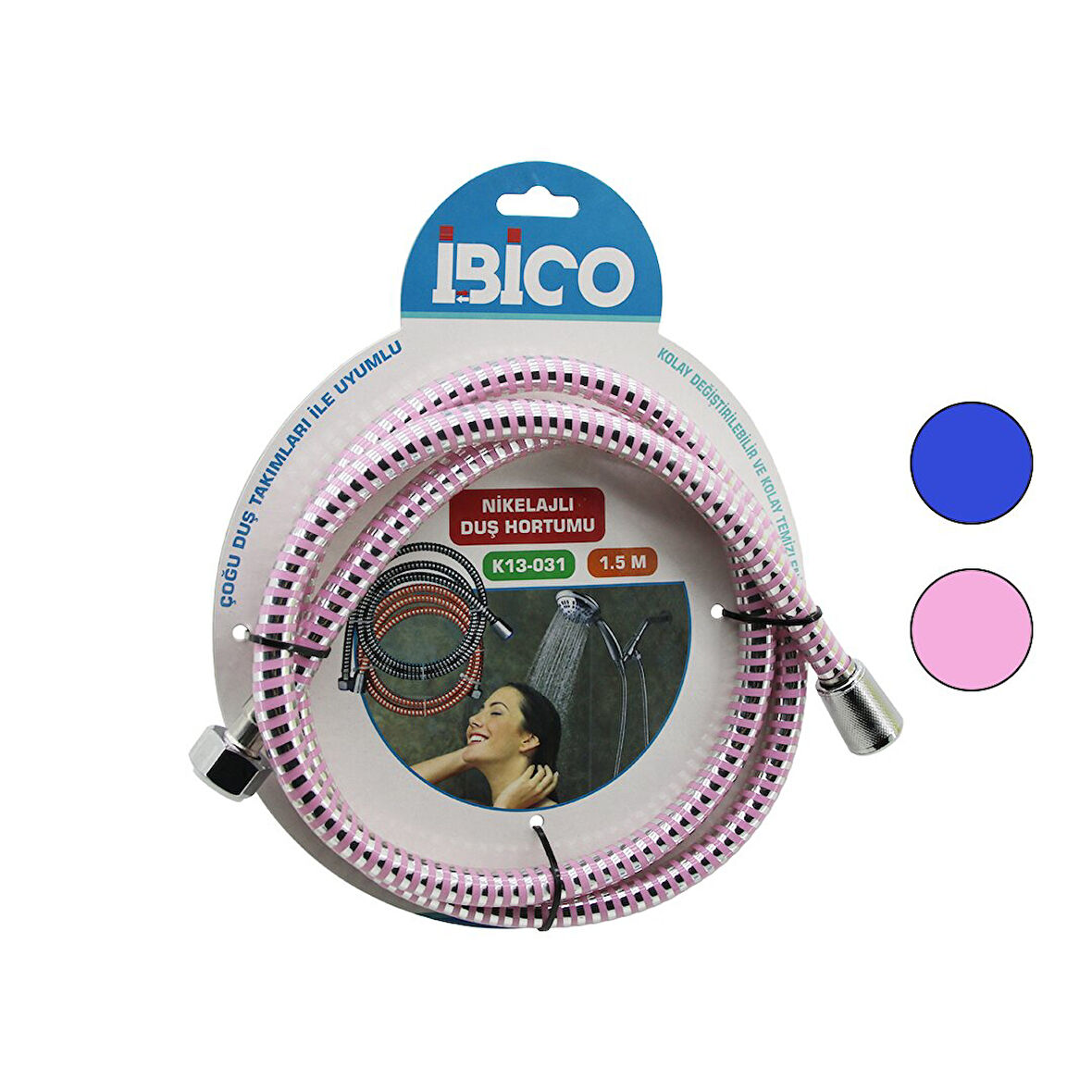 NİKELAJLI RENKLİ PLASTİK DUŞ HORTUMU ANTİ TWİST=DOLANMAZ-KIVRILMAZ-KOPMAZ 1.5MTKARTELALI (4490)