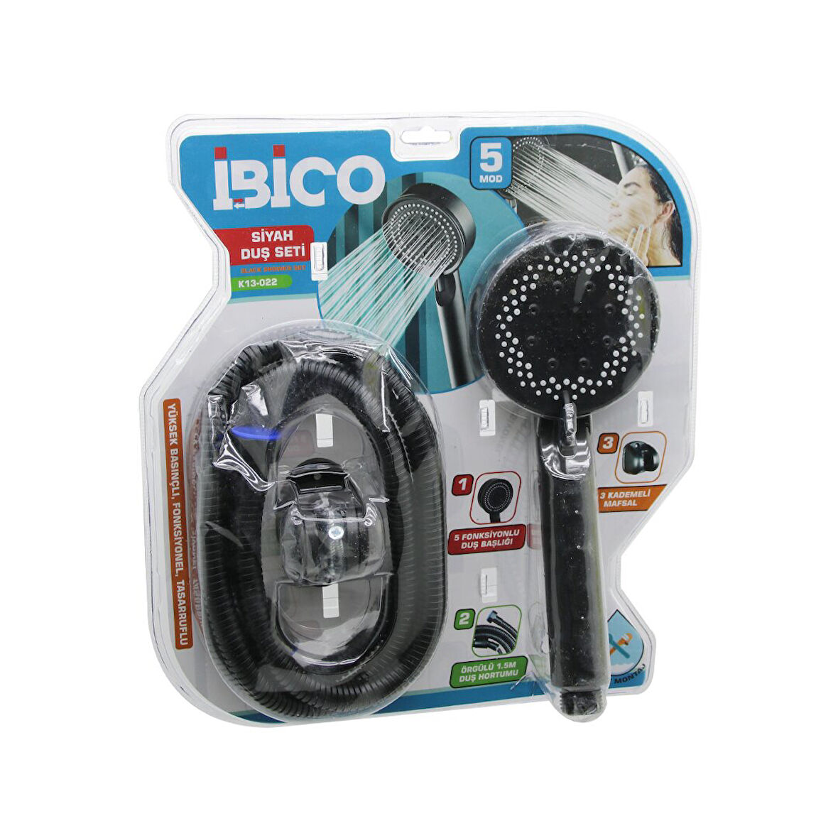 VAKUMLU - SİYAH LÜKS DUŞ SETİ  DUŞ BAŞLIK=5 MOD=FONKSİYON ÖRGÜLÜ HORTUM=1.5MT MAFSAL=3 KADEME (4490)