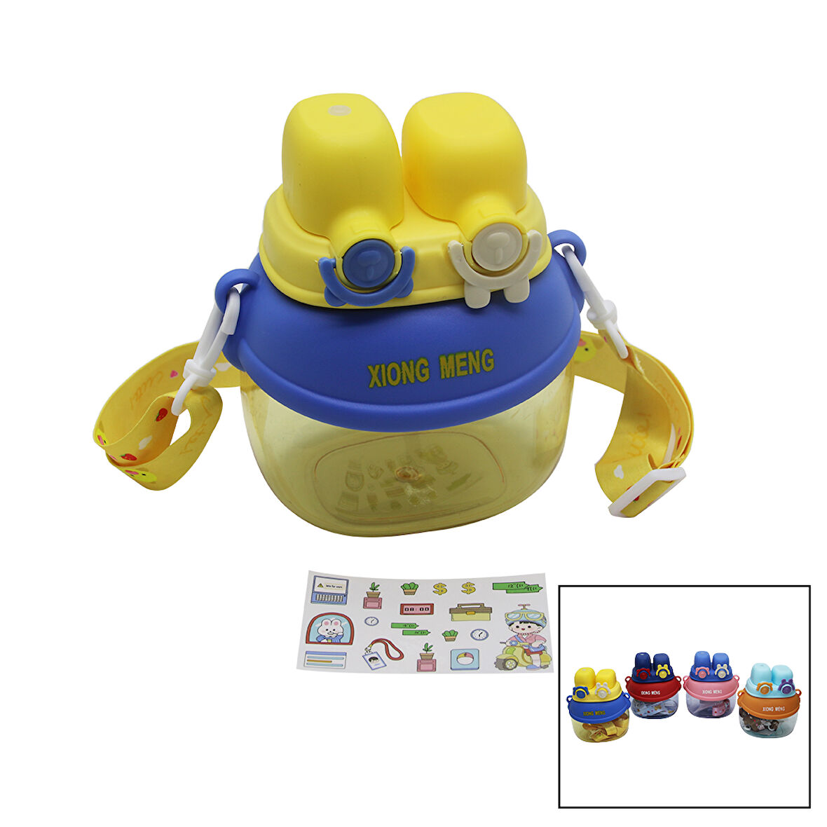 YÜZ MODELİ  - 2 KİLİTLİ KAPAK  RENKLİ MİKA KRİSTAL SULUK MATARA PİPETLİ - NAYLON ÇANTALI - ASKILI 1280ML 