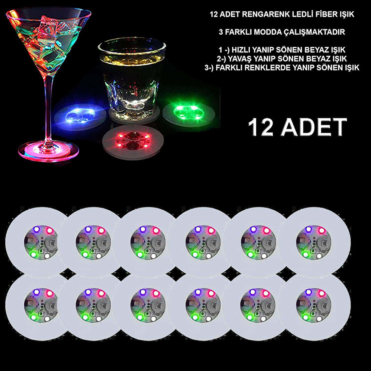 Renkli LED Işıklı Bardak Altlığı - Dekoratif (12 Adet, Pilli) (4490)