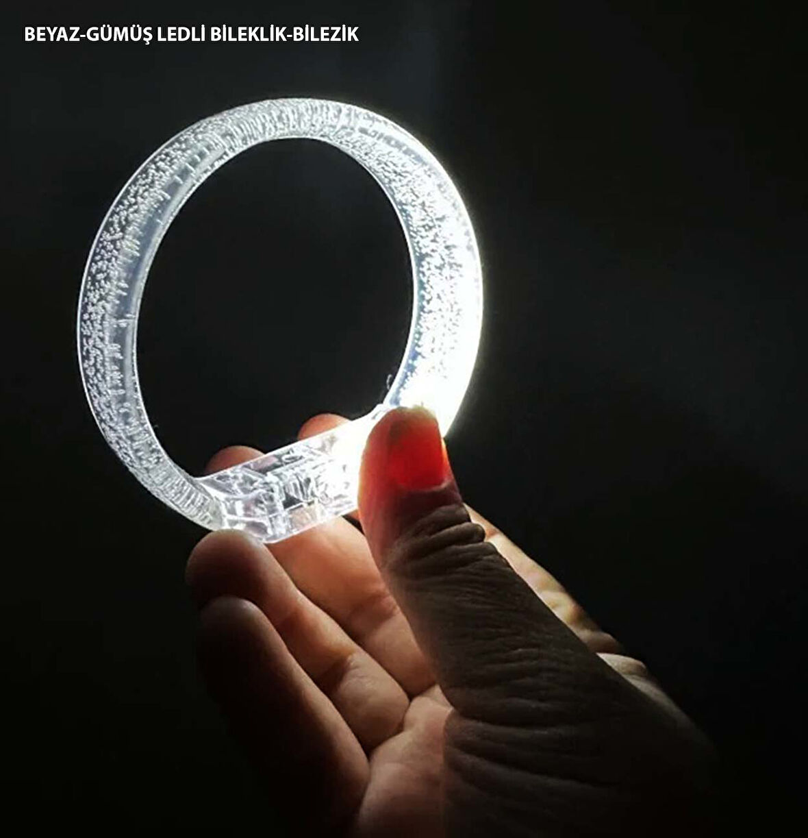 Beyaz-Gümüş Led Işıklı Baskı Yapılabilen Pilli Bileklik Bilezik 1,5 cm Genişlik (4490)