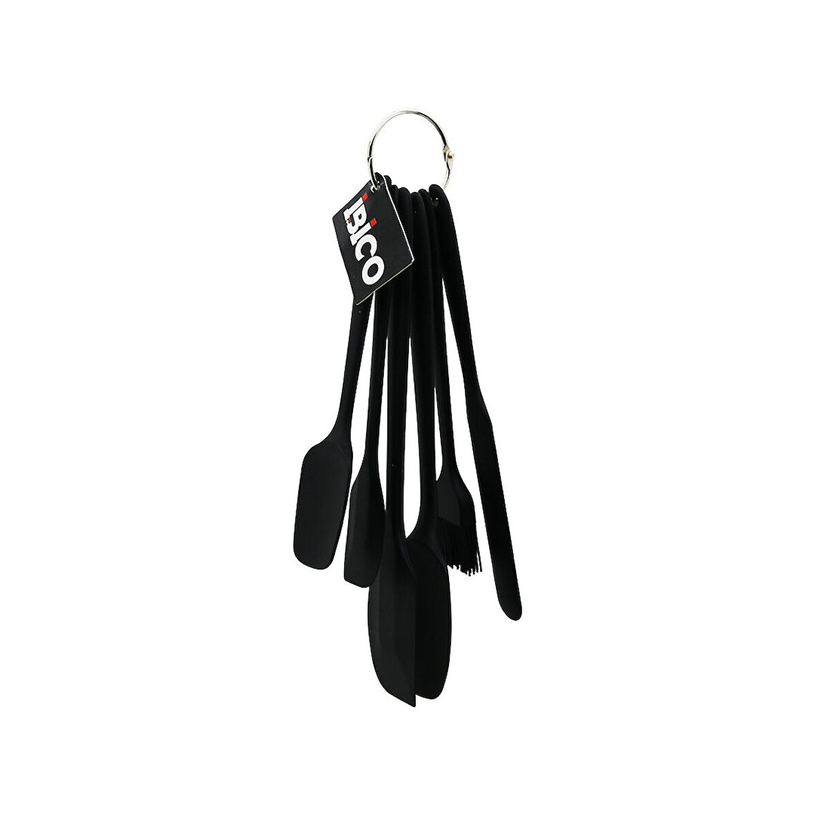 6PCS  SİLİKON - SİYAH MUTFAK SETİ 2 KAŞIK - 3 SPATULA - YUMURTA FIRÇA  METAL ASMA HALKALI (4490)