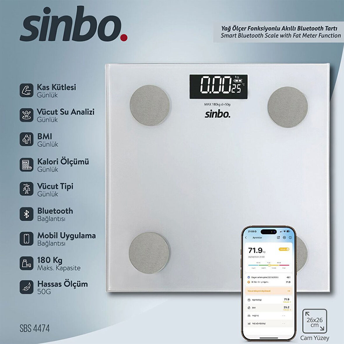 YAĞ ÖLÇER AKILLI BLUETOOTH CAM BASKÜL PİLLİ 180KG/50GR 26X26CM 8-KİŞİ HAFIZA LCD EKRAN SBS-4474 (4490)