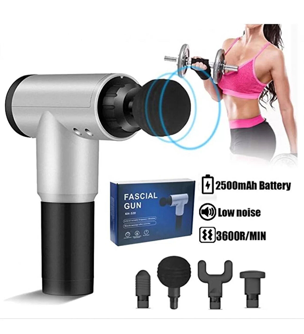 Fascial Gun RH-320 6 Kademe Hız Ayarlı, 4 Parça Başlıklı, Usb Şarjlı, Masaj Tabanca Aleti  
