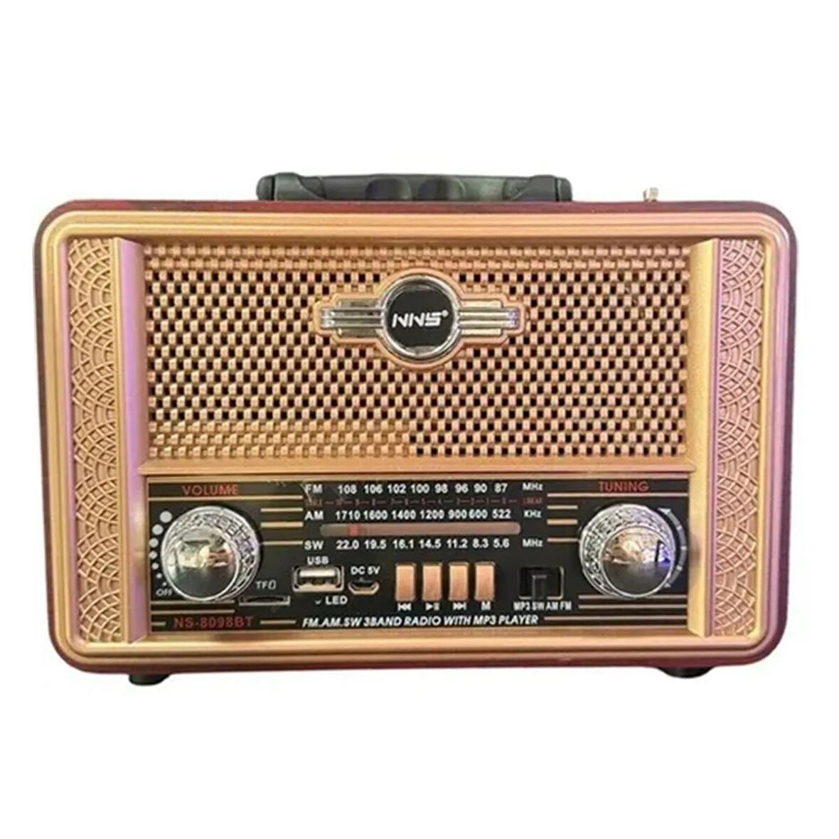 Retro, Nostaljik, Ahşap Tasarım Bluetooth Hoparlörlü, Şarjlı, Taşınabilir Otantik Tasarımlı FM/AM Destekli Radyo NS8098 (4490)