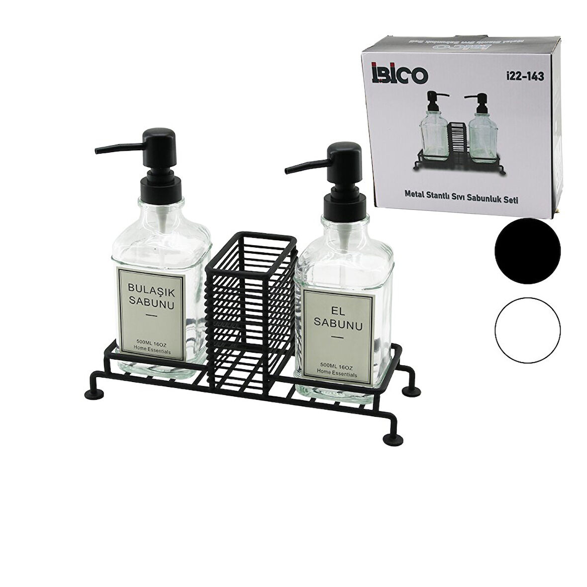 3 PCS METAL STANDLI - CAM SIVI SABUNLUK SETİ SÜNGERLİK (4490)