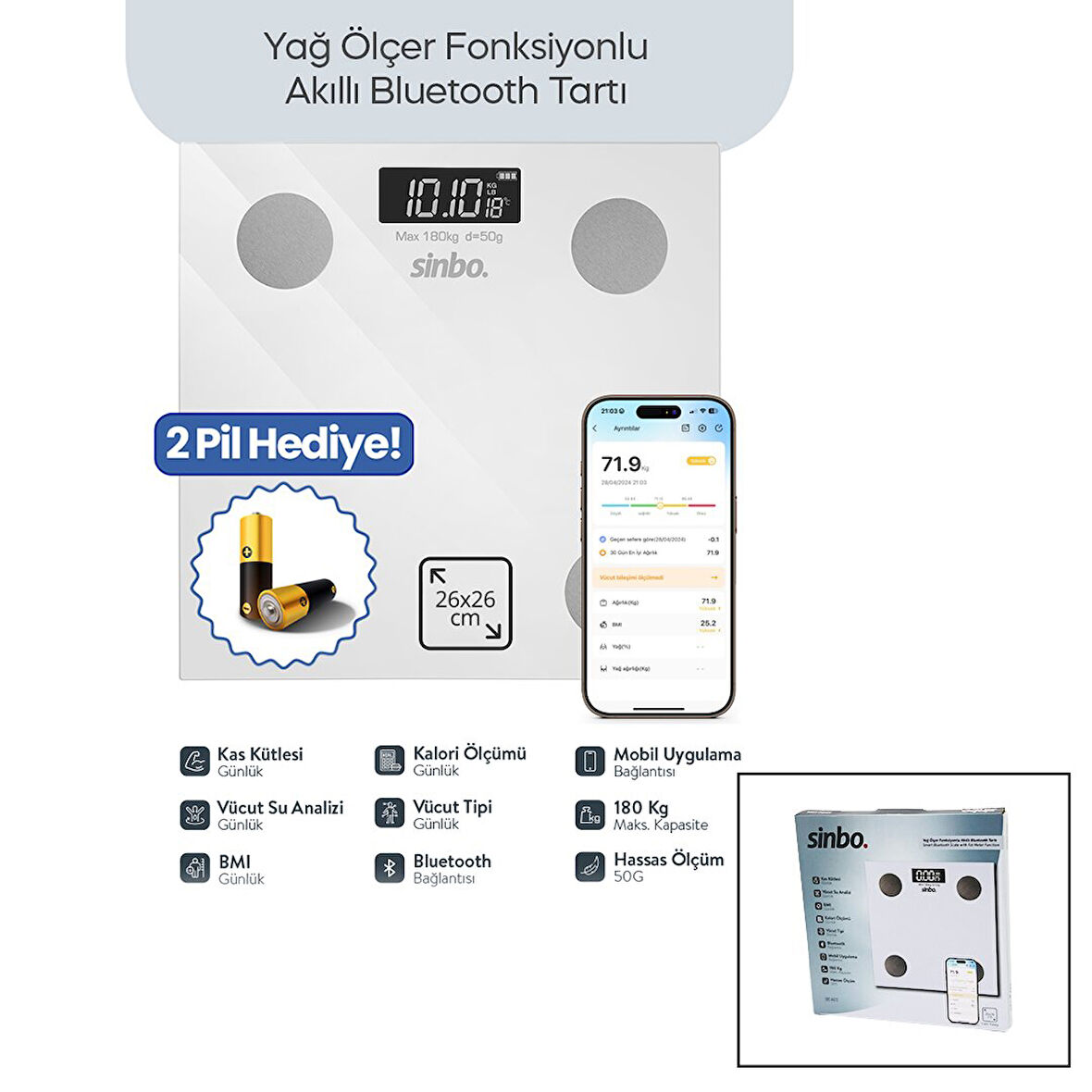 BEYAZ YAĞ ÖLÇER AKILLI BLUETOOTH CAM BASKÜL PİLLİ 180KG/50GR 26X26CM 8-KİŞİ HAFIZA LCD EKRAN ℃ GÖSTERGE SBS-4472 (4490)