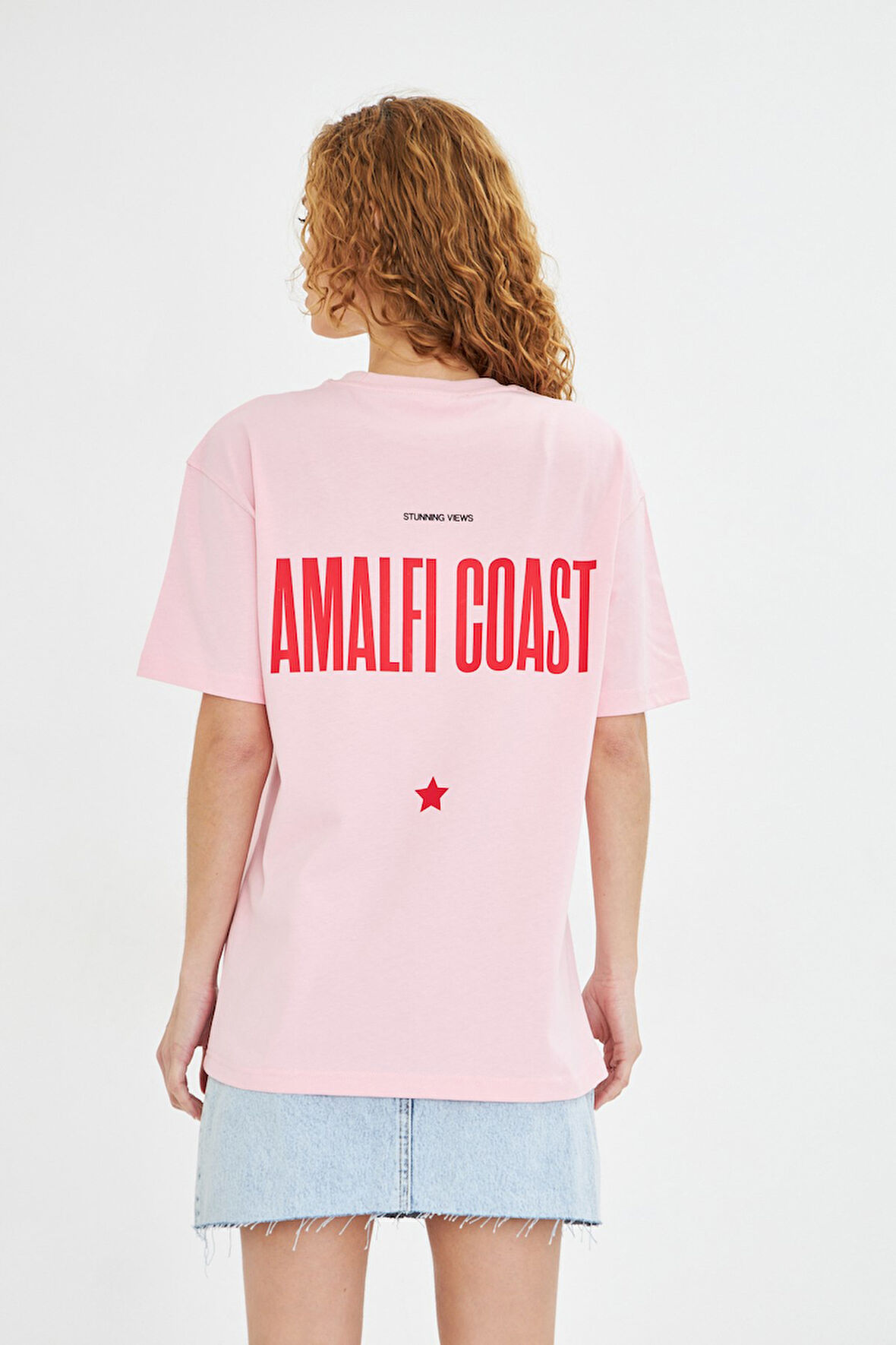 Amalfi Coast Baskılı Oversize Kadın Pamuklu Bisiklet Yaka Baskılı Tişört