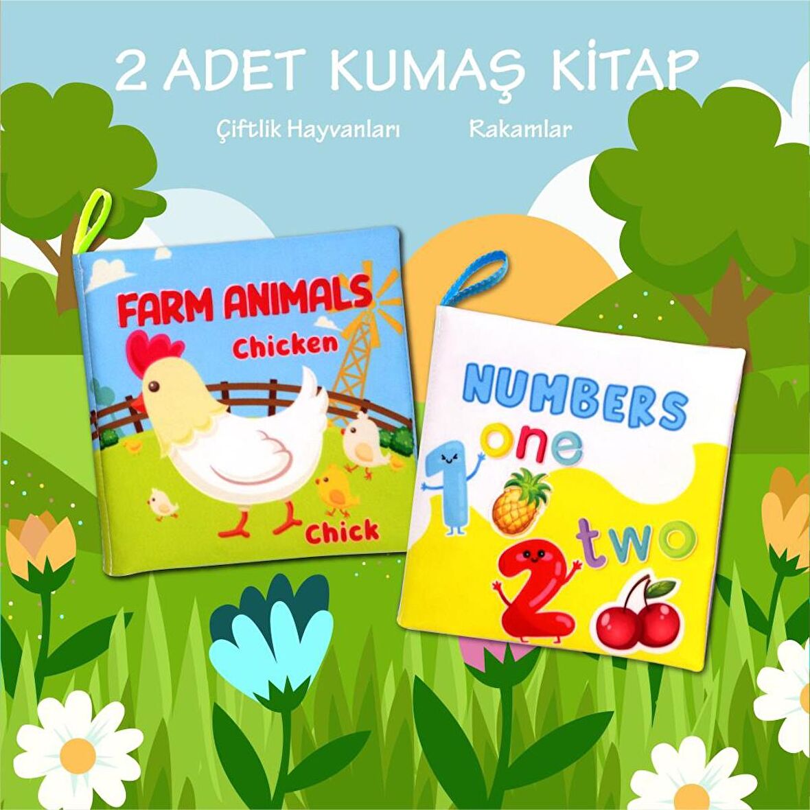 Lisinya247 2 Kitap  İngilizce Çiftlik Hayvanları ve Rakamlar Kumaş Sessiz Kitap alithestereo