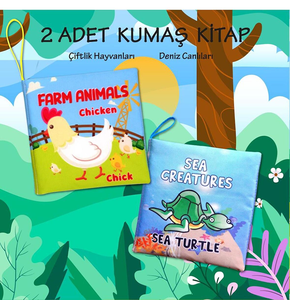 Lisinya247 2 Kitap  İngilizce Çiftlik Hayvanları ve Deniz Canlıları Kumaş Sessiz Kitap alithestereo