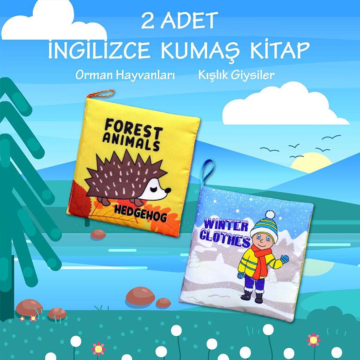 Lisinya247 2 Kitap  İngilizce Orman Hayvanları ve Kışlık Giysiler Kumaş Sessiz Kitap alithestereo