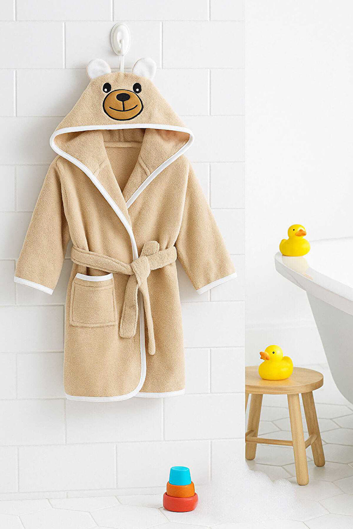 Kapşonlu Unisex &amp;#37;100 Pamuklu Çocuk Banyo Bornozu Bear