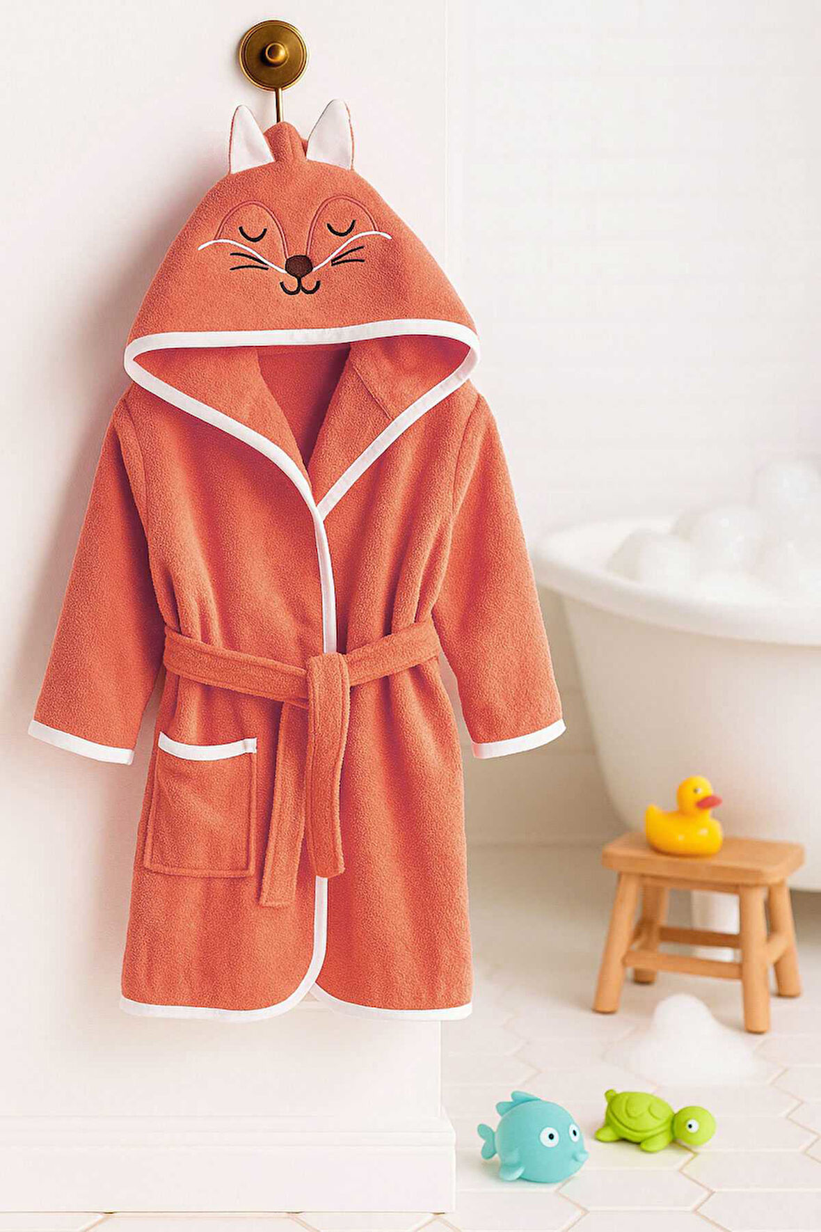 Kapşonlu Unisex &amp;#37;100 Pamuklu Çocuk Banyo Bornozu Fox
