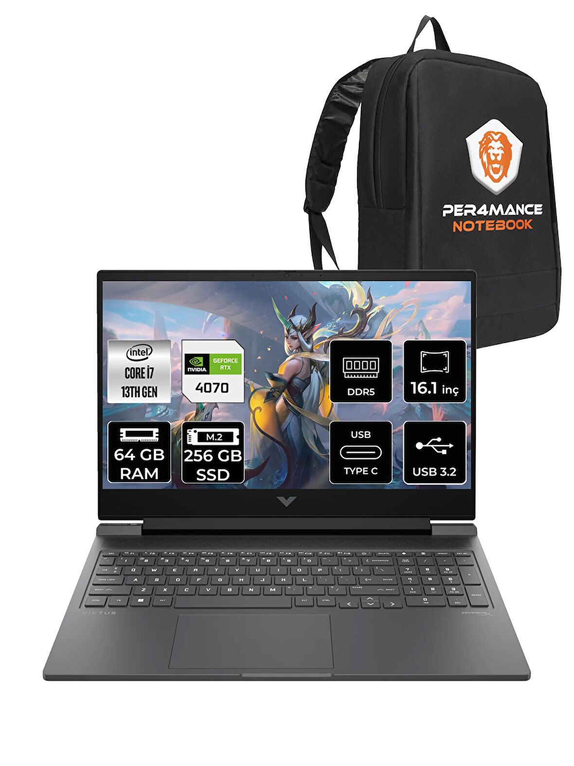HP Victus 16 i7 13700H 64GB DDR5 256GB SSD RTX4070/8GB 144Hz 16.1'' FDOS Gaming Laptop & PER4 ÇANTA
