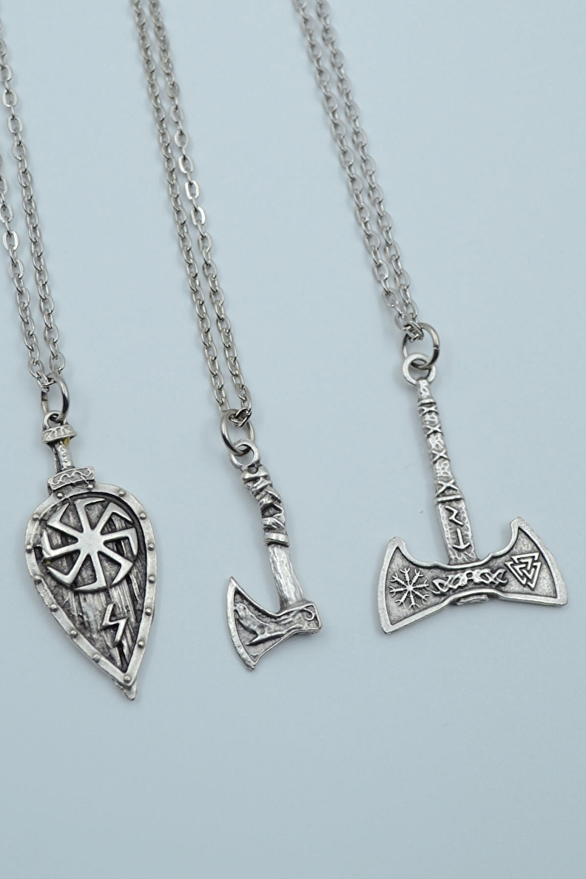 3'lü Viking Kalkan Vikig Çift Taraflı Balta Gümüş Kaplama Kolye Seti