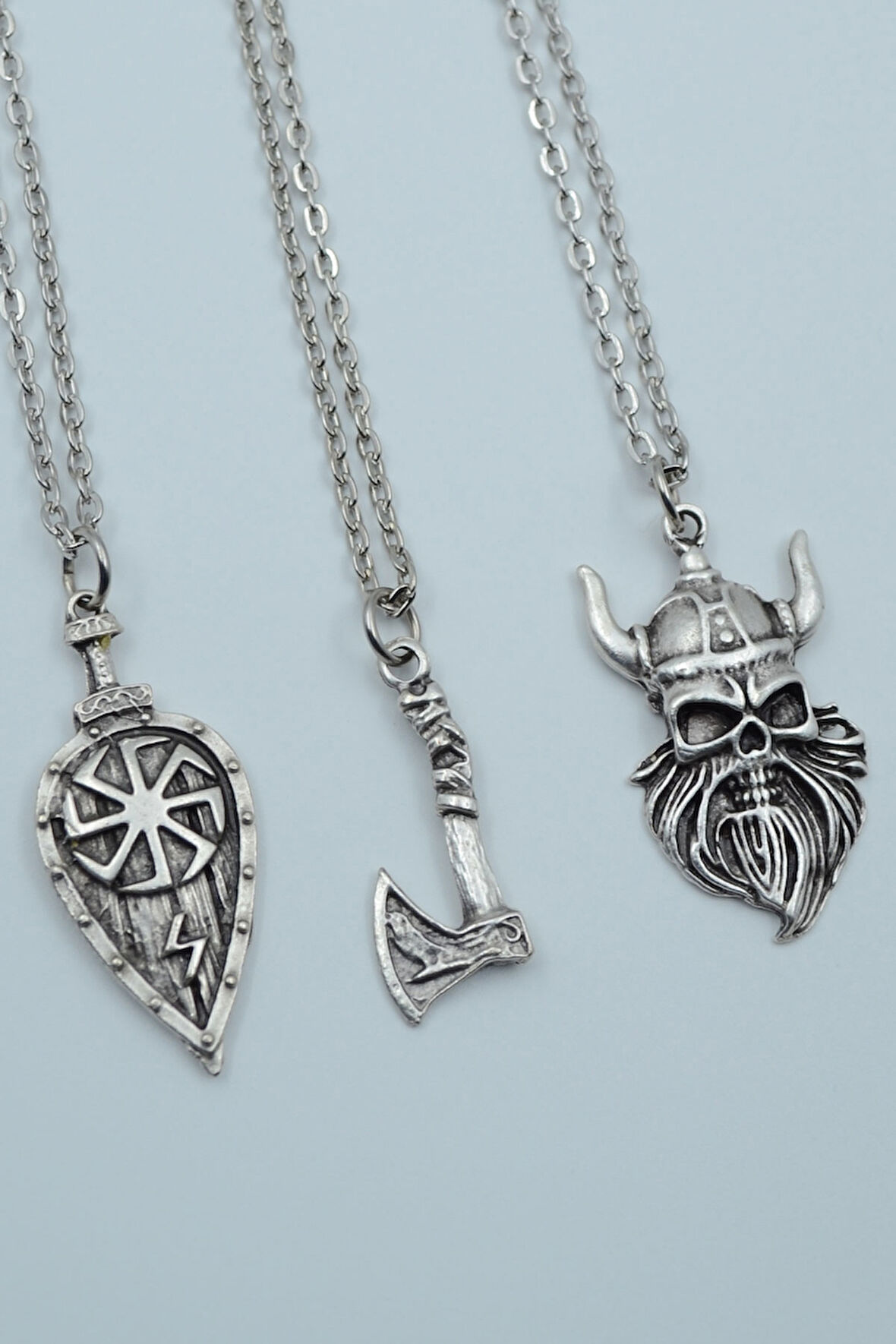 3'lü Viking Kalkan Viking Balta Viking Savaşçı Gümüş Kaplama Kolye Seti