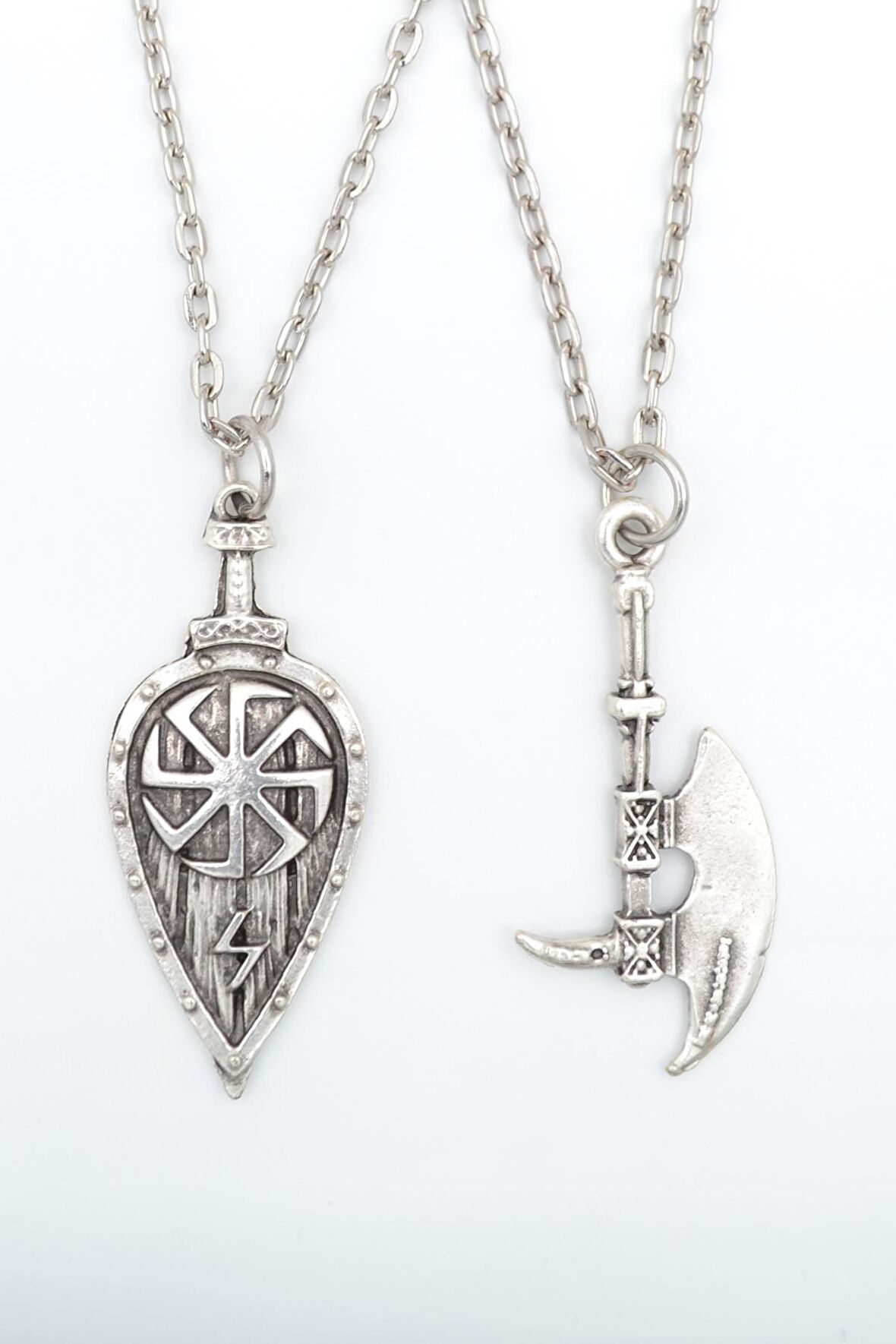 2'li Viking Kalkan - Antik Savaşçı Baltası Erkek Kadın Kolye Seti 925 Ayar Gümüş Kaplama