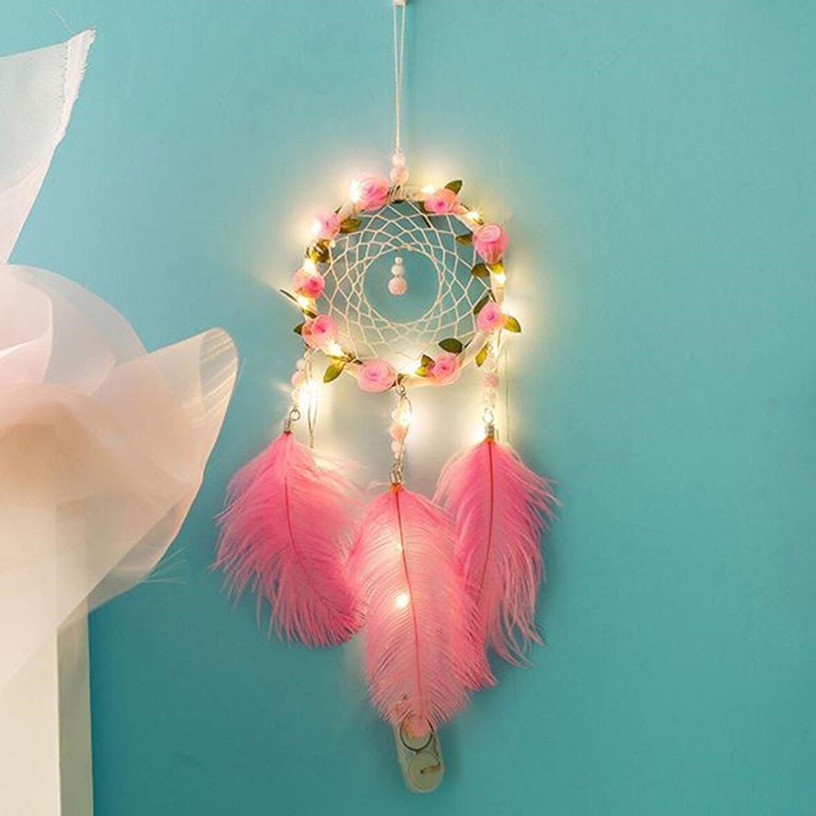 El Yapımı Kuş Tüyü ve Led Işıklı Dekoratif Asma Düş Rüya Kapanı (5224)