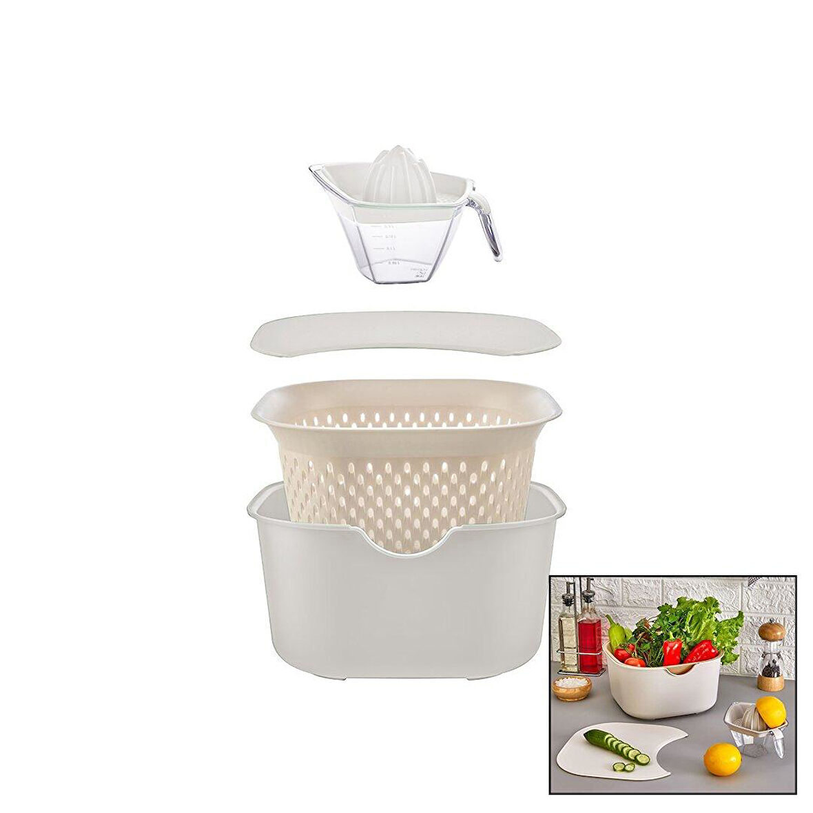 KREM 5PCS MUTFAK SETİ PLS.KARIŞTIRMA KAP=4LT - SÜZGEÇ=3.5LT - KESİM PANO - SIKACAK=0.25LT (5224) AZ-5224Gok223114