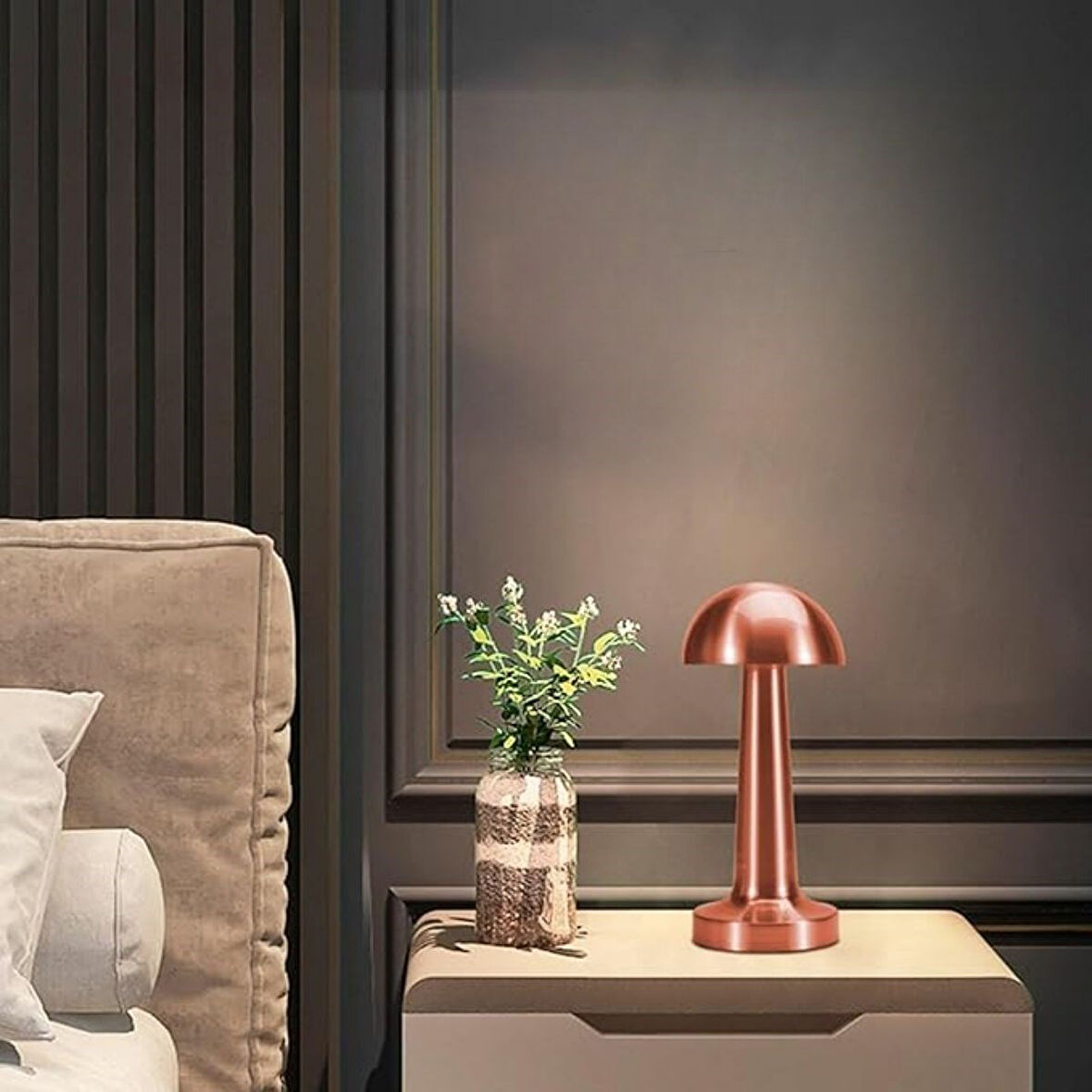 Mantar Model Bronz Renk Şarjlı Dokunmatik 3 Renkli LED Masa Lambası (5224) AZ-522489AG92YT0092