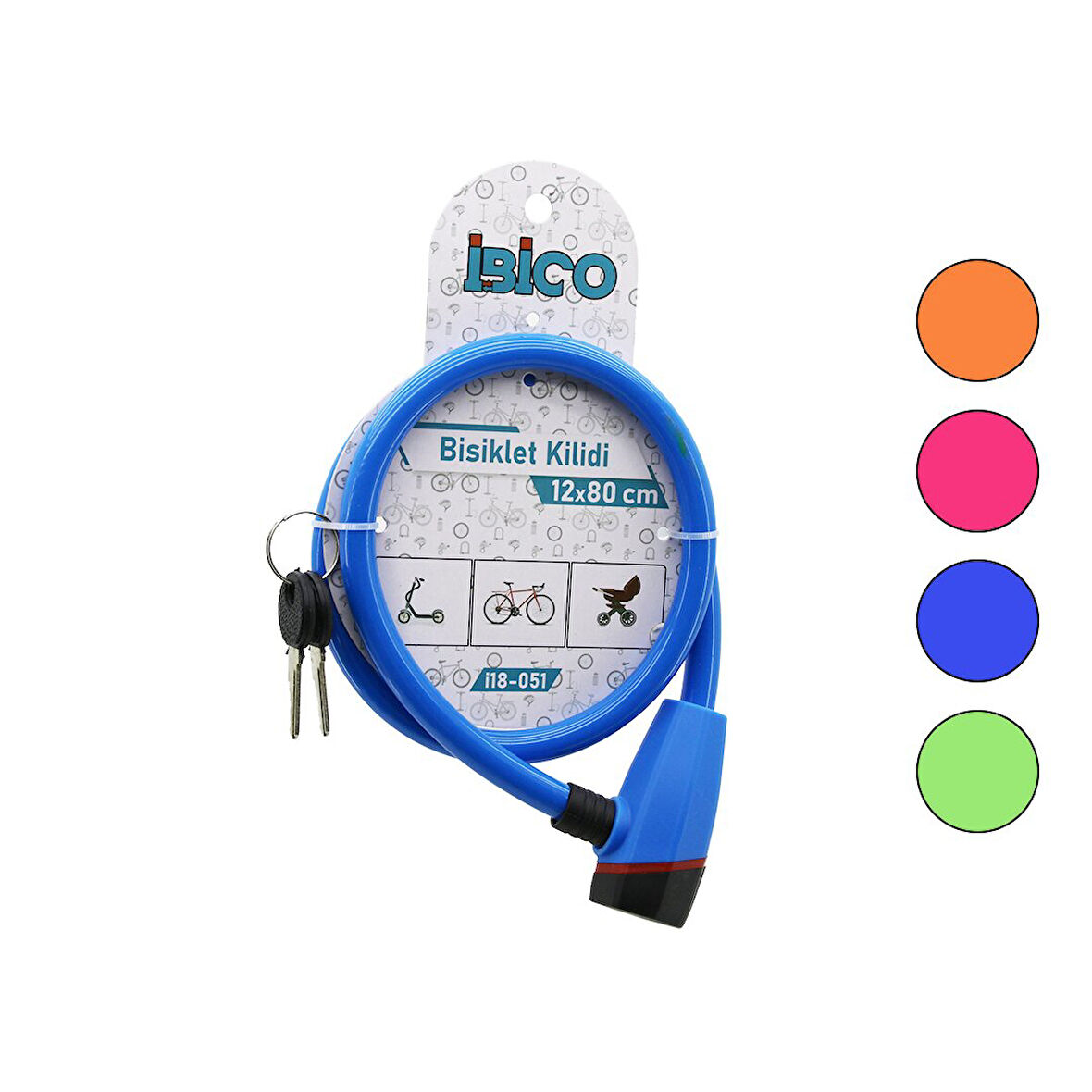 ANAHTARLI PLASTİK KAFA BİSİKLET KİLİT ÇELİK TEL RENKLİ KILIF 12MMX80CM (5224)
