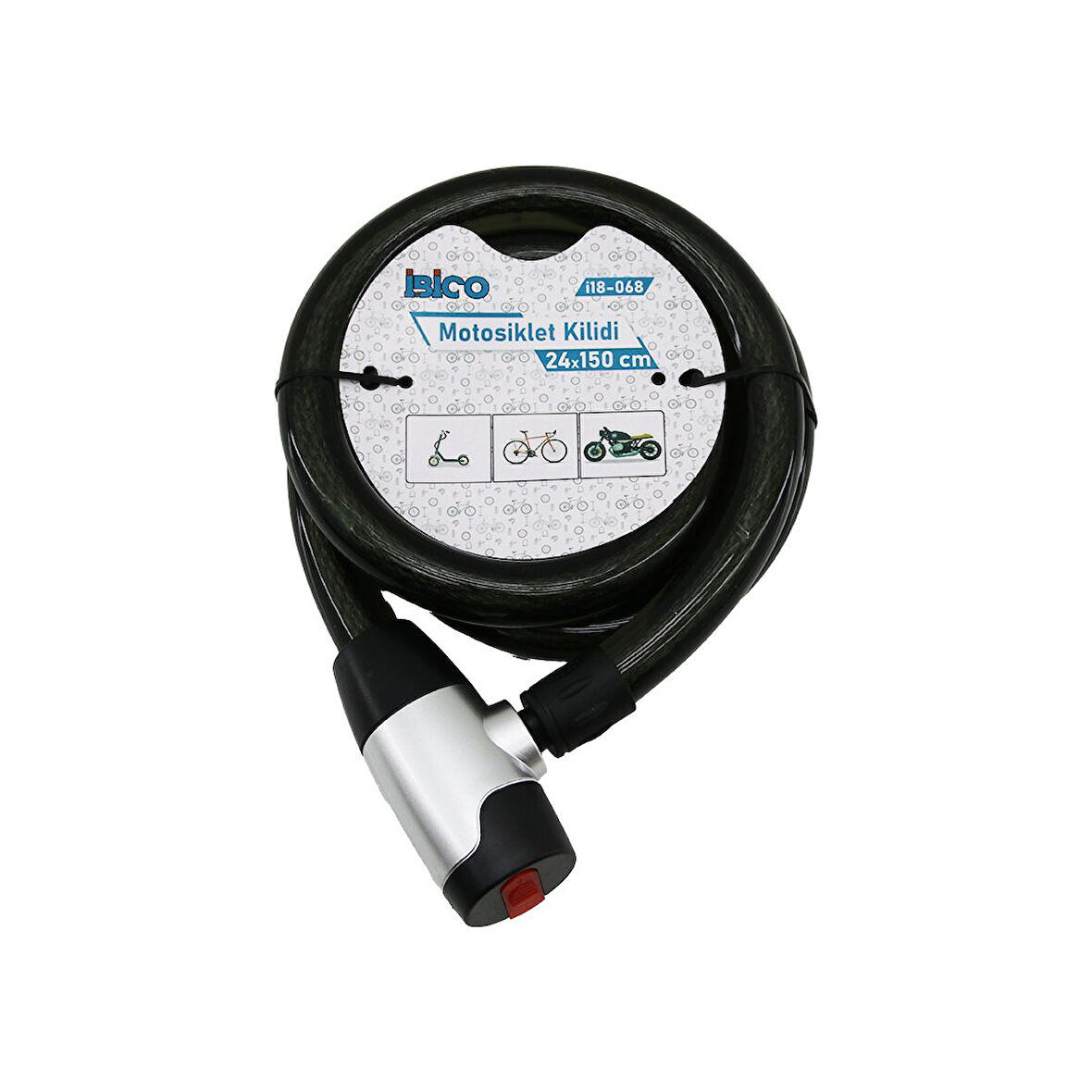 ANAHTARLI AÇ-KAPA KİLİT KAPAKLI MOTOR - BİSİKLET KİLİT ÇELİK TEL SİYAH ŞEFFAF KILIF 24MMX150CM (5224)