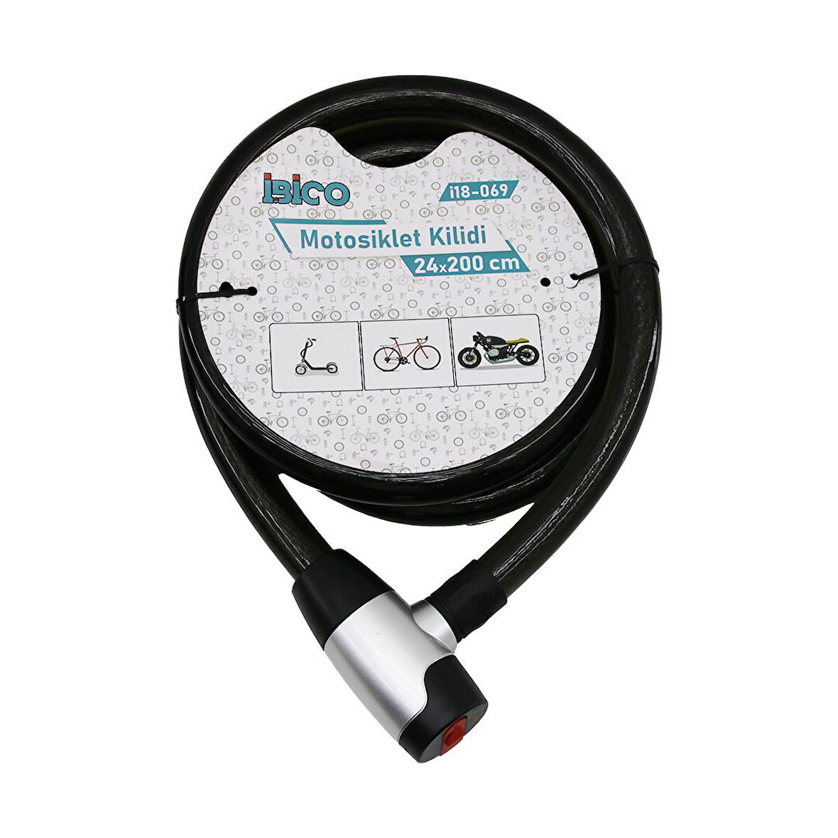 ANAHTARLI METAL KAPLAMA KAFAÇEK-İT KİLİT KAPAKMOTOR - BİSİKLET KİLİT ÇELİK TELSİYAH ŞEFFAF KILIF24MMX200CM (5224)