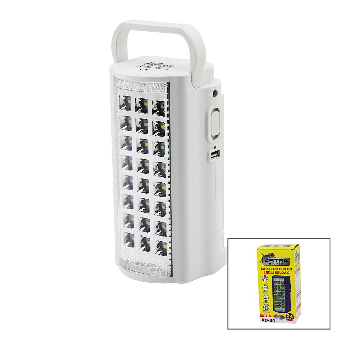 24 LEDFİŞ ŞARJLI - POWERBANKLEDLİ IŞILDAK LAMBA 6V 4.0AH AKÜTAŞIMA KULPLU RD-24 (5224)