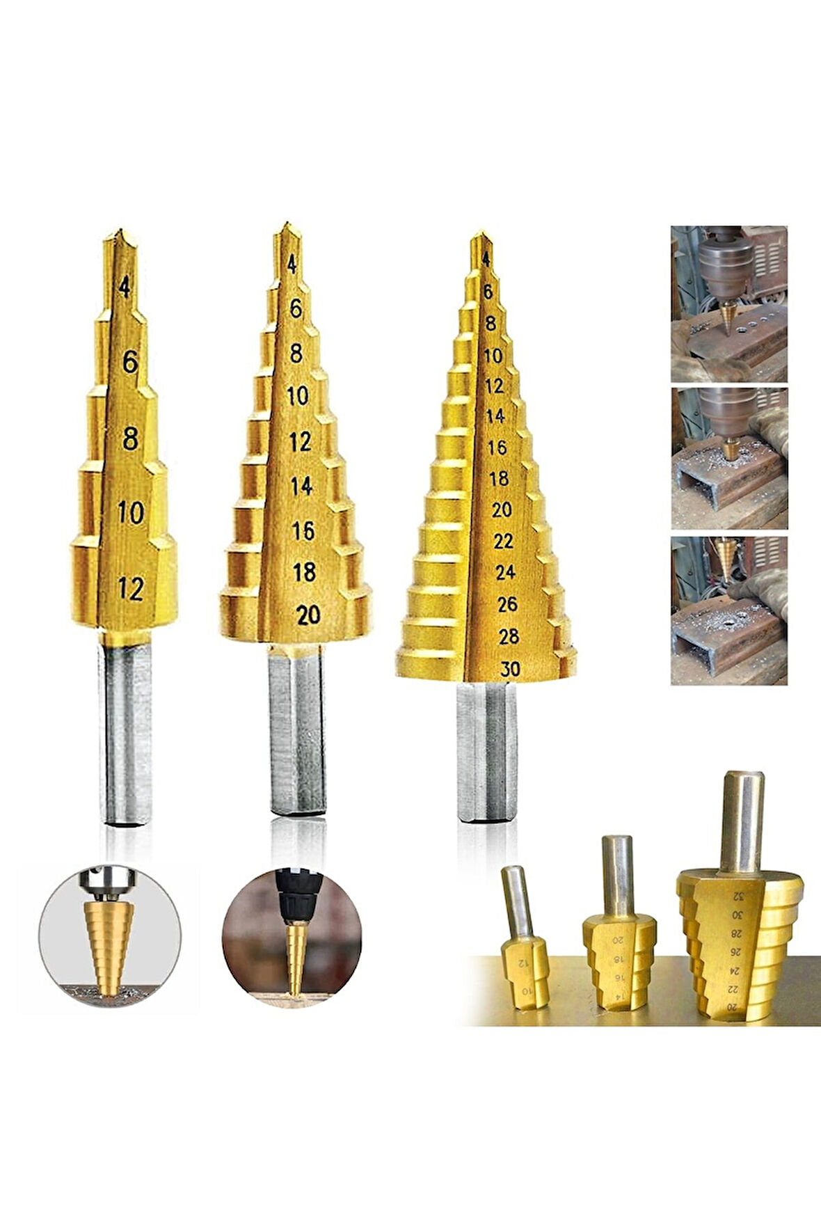 3 lü Set Matkap Ucu Kademeli Sac Delme Aparatı HSS Titanyum Kaplama (5224)