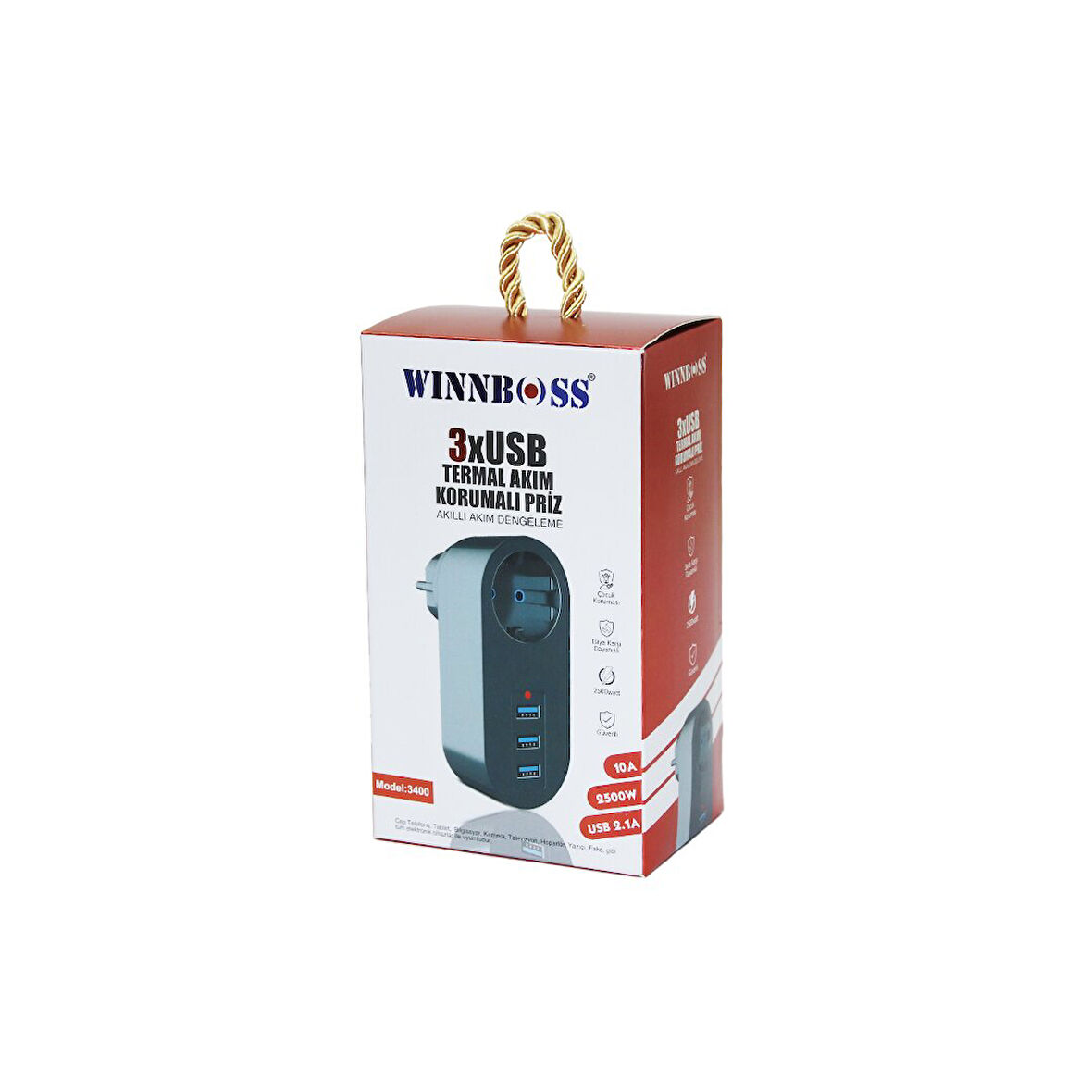 SİYAH TERMAL AKIM KORUMALI  1XPRİZ 3XUSB DUVAR TİPİ PRİZ 10A - 2500W (5224)