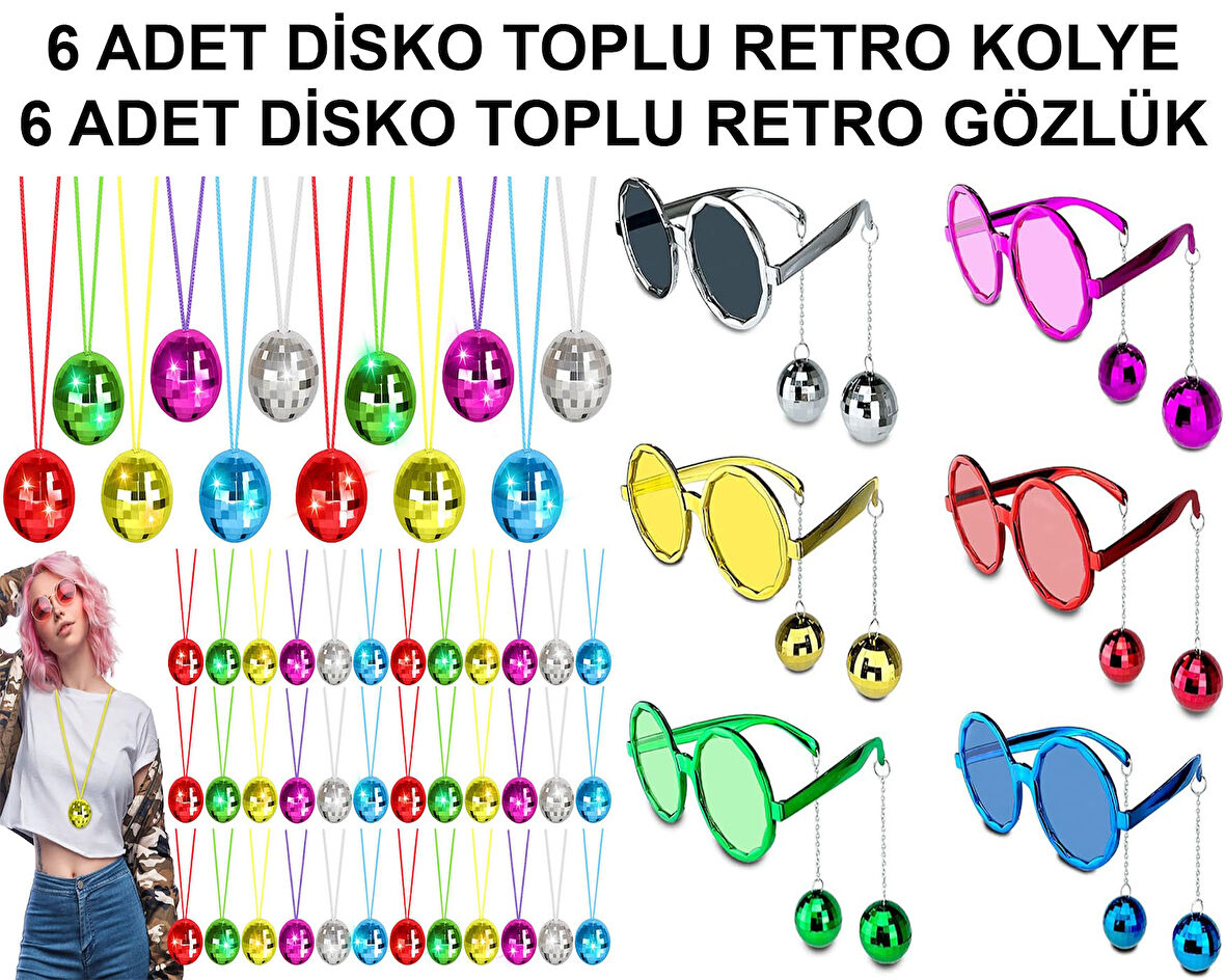 12 Parça Renkli Disko Toplu Retro Parti Seti – 6 Kolye + 6 Gözlük (5224)