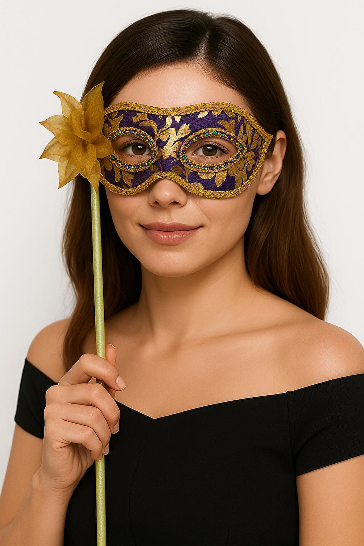 Lüks Taşlı Saplı Maskeli Balo Maskesi Mor Renk 35 cm (5224)