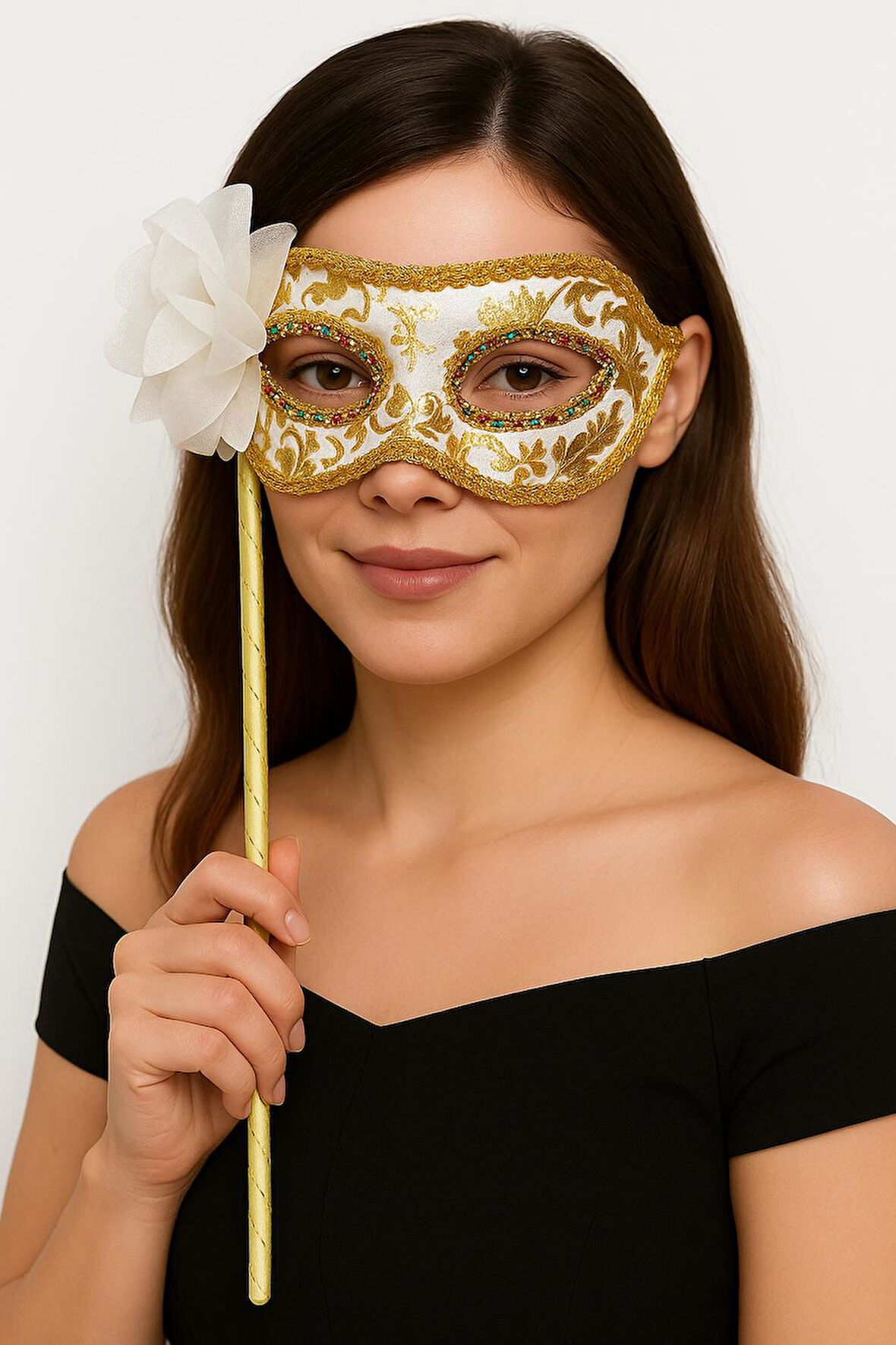 Lüks Taşlı Saplı Maskeli Balo Maskesi Beyaz Renk 35 cm (5224)