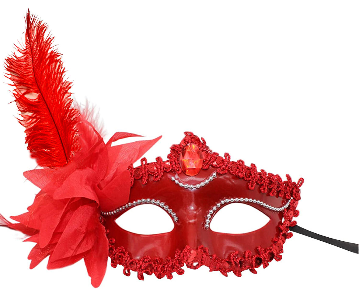 Kırmızı Mat Renk Yandan Tüylü Güllü Parti Balo Venedik Maskesi 16x22 (5224)