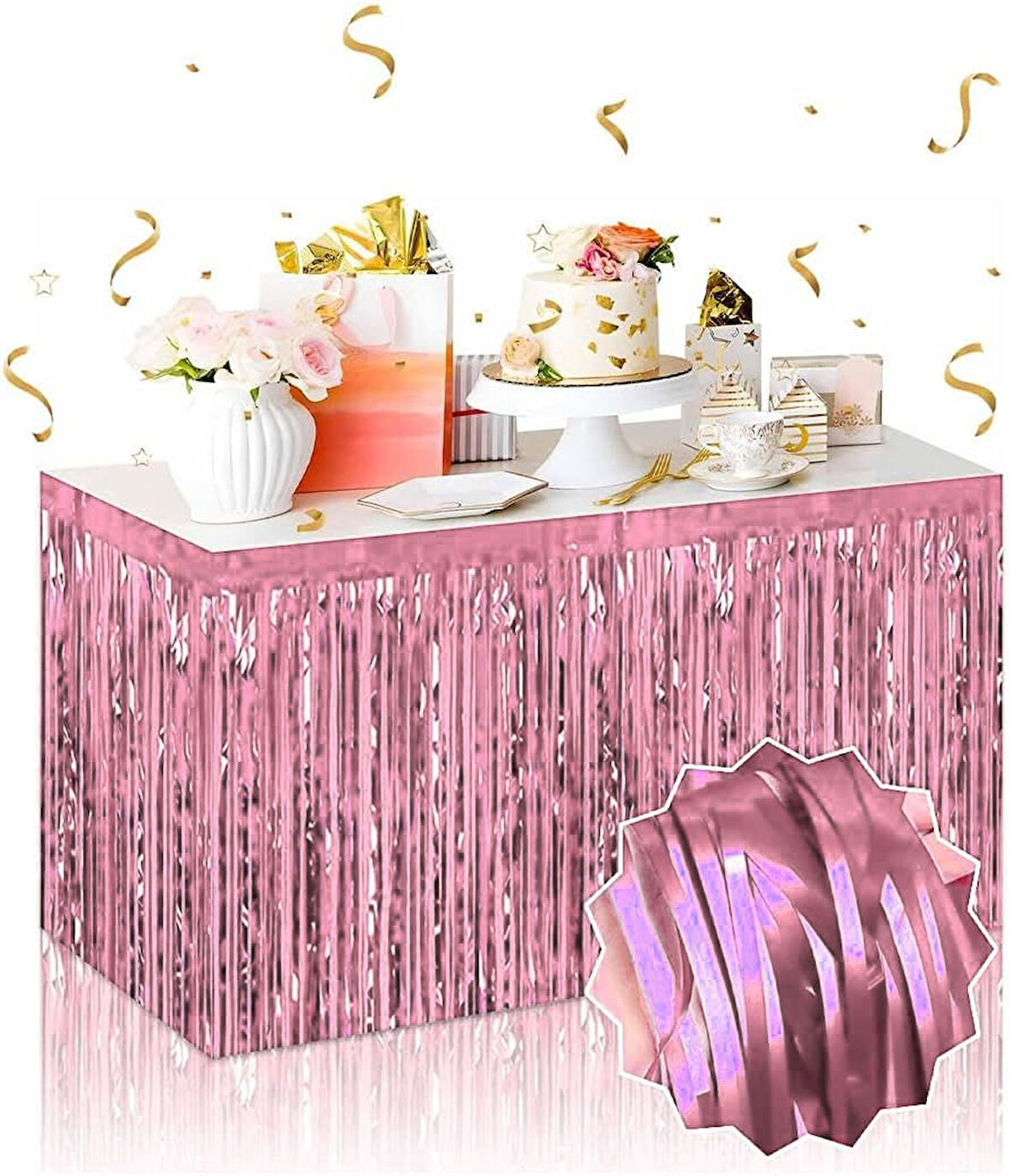 Kendinden Yapışkanlı Rose Gold Metalize Püsküllü Masa Eteği – 75 x 275 cm Parti Süslemesi (5224)
