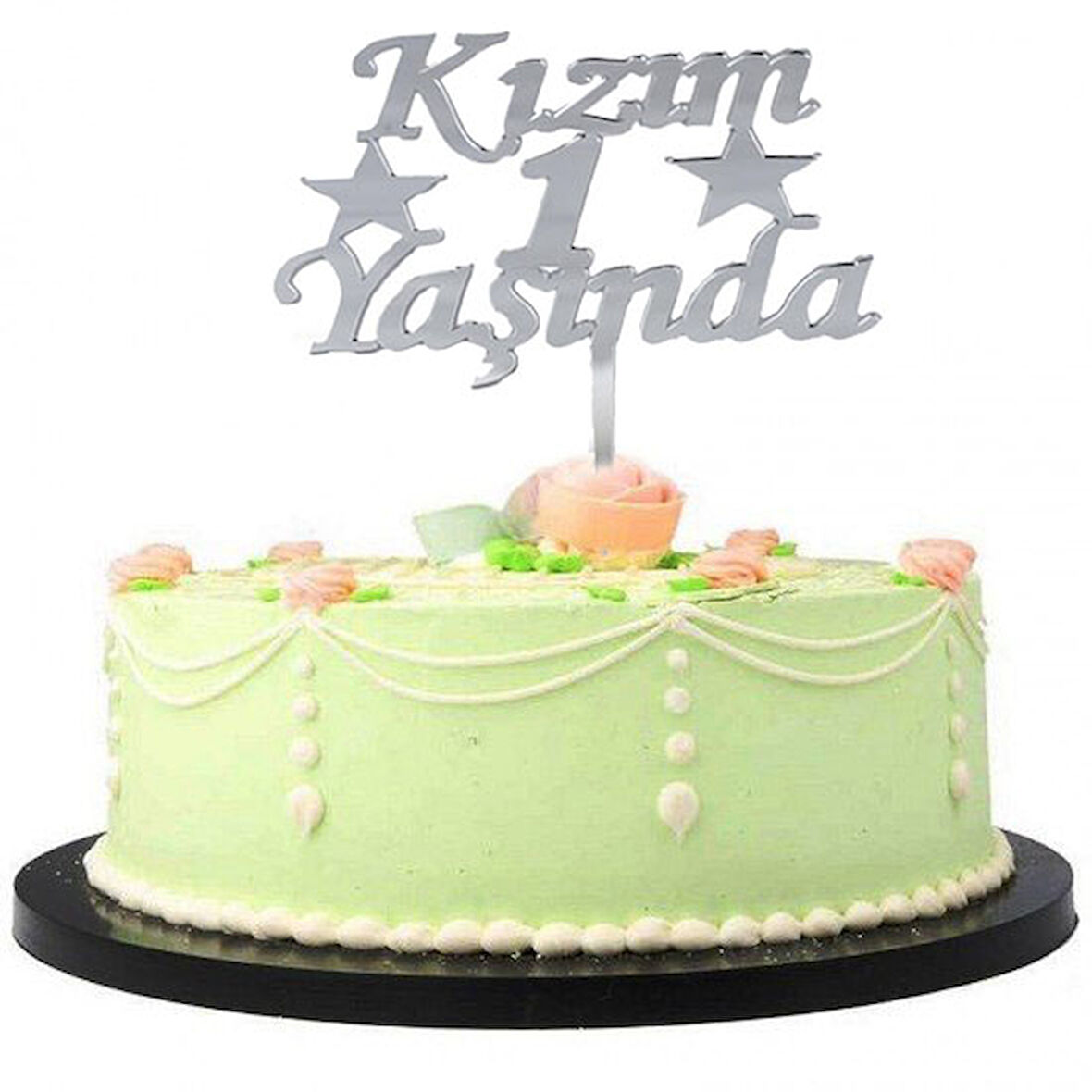 Kızım 1 Yaşında İlk Yaş Doğum Günü Partisi Pleksi Pasta Süsü Gümüş Renk (5224)