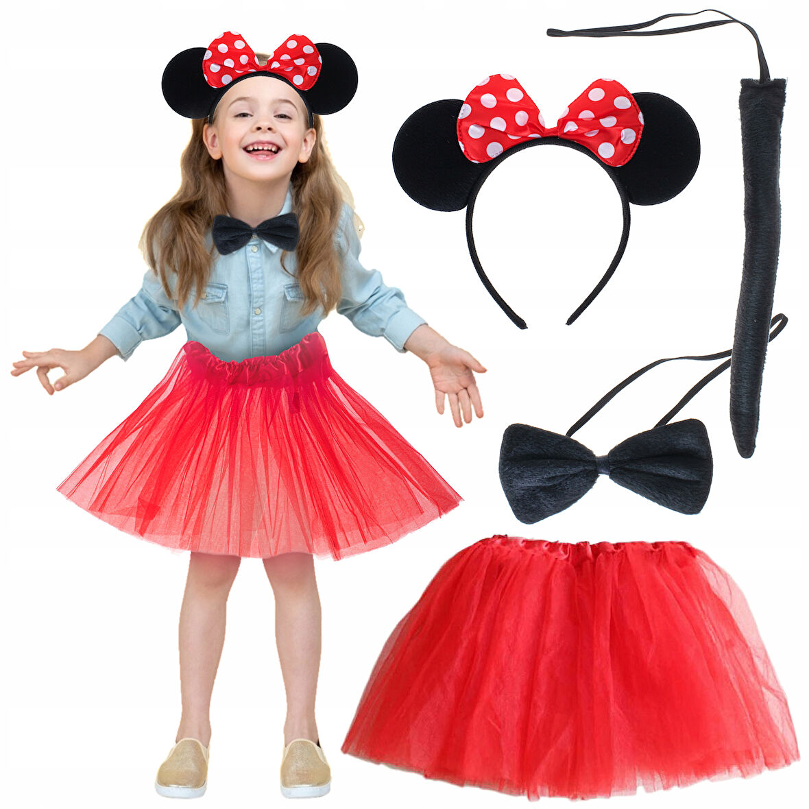 Minnie Mouse Kostüm Seti Etek Taç Kuyruk Papyon Gösteri Seti (5224)