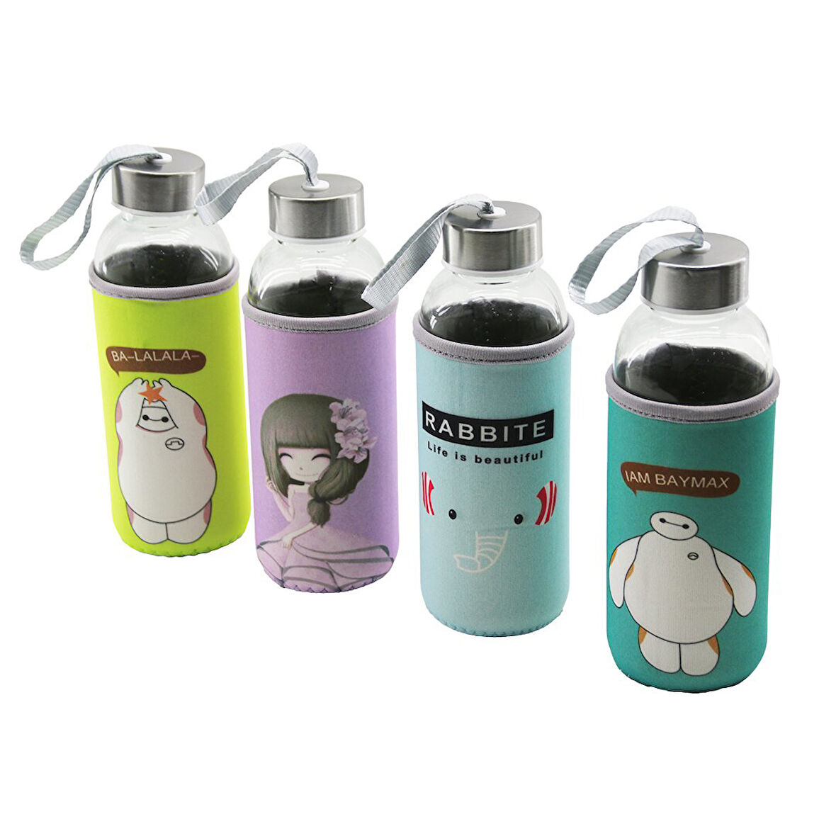 CAM ŞİŞE  MATARA SULUK  RESİMLİ BEZ KILIFLI - TAŞIMA İPLİ   420ML   KROM KAPLAMA PLS.KAPAK (5224) AZ-5224Gok223075