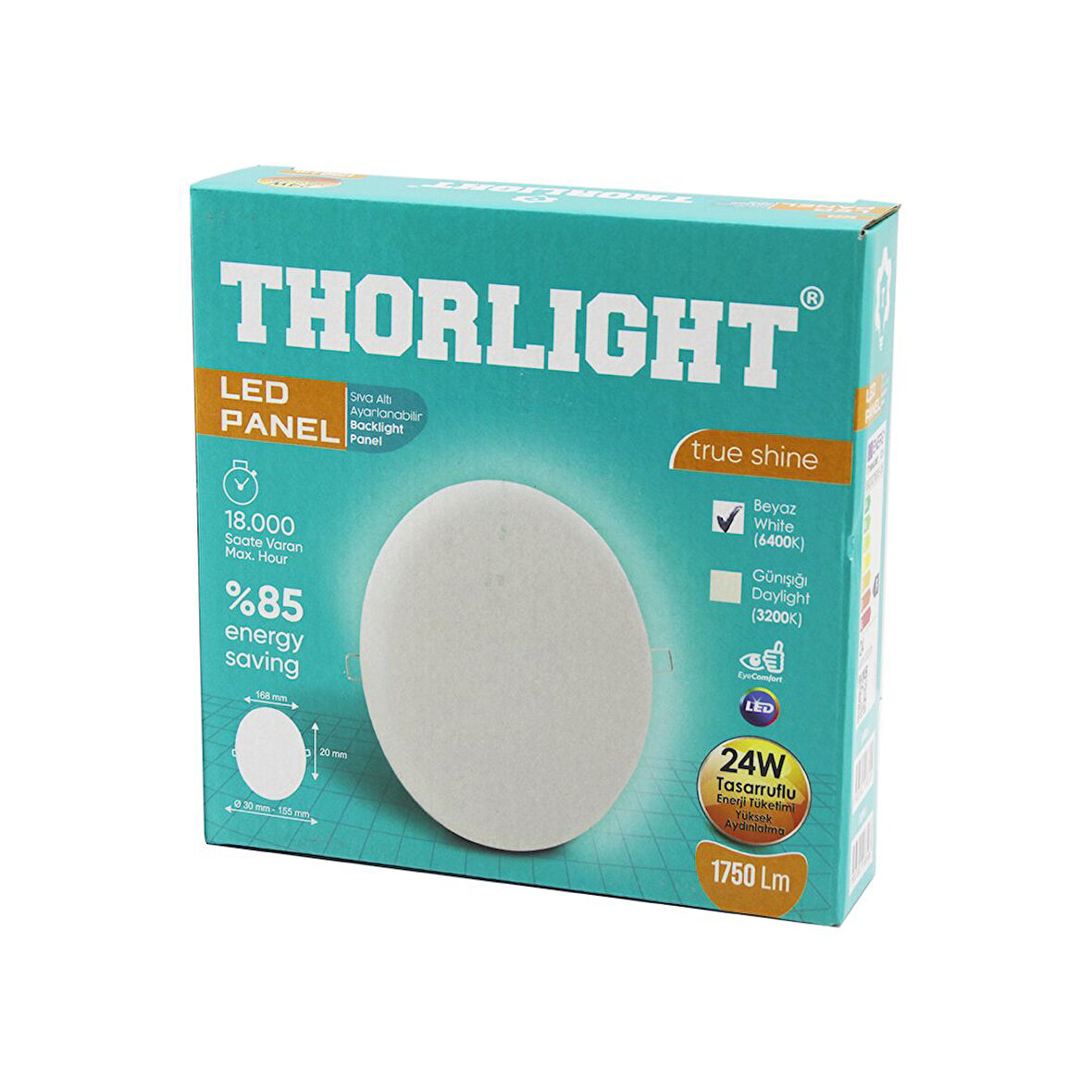 THORLIGHT S-224 24W 16.8CM BEYAZ LED PANEL SIVA ALTI AYARLI MANDALLI 6400K - 1750LM - 18000 SAAT - 2835 SMD (5224)
