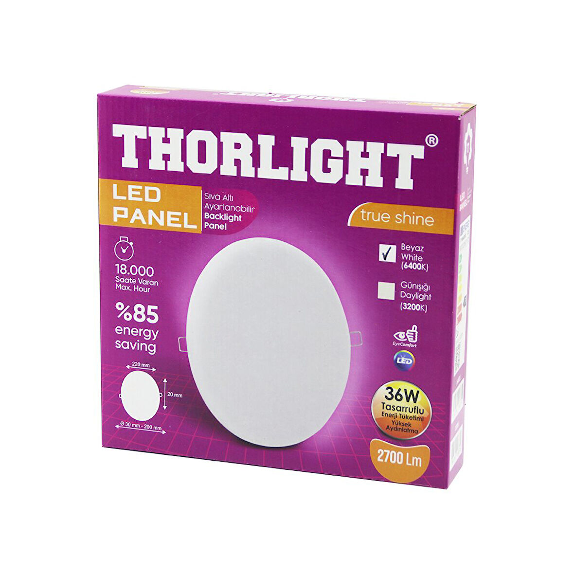 THORLIGHT S-236 36W 22CM BEYAZ LED PANEL SIVA ALTI AYARLI MANDALLI 6400K - 2700LM - 18000 SAAT - 2835 SMD (5224)