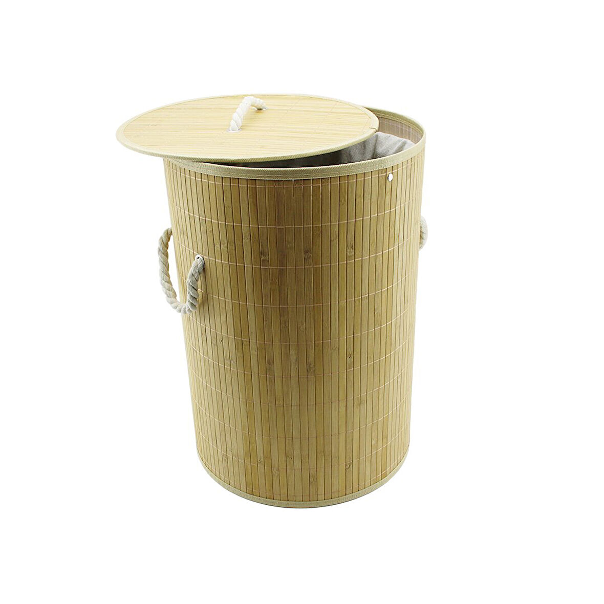 YUVARLAK BAMBU AHŞAP KİRLİ ÇAMAŞIR SEPETİ 35X60CM SEYYAR KAPAKLI İÇİ BEZLİ İP KULPLU (5224)