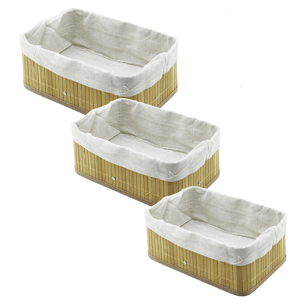 3 BOY DİKDÖRTGEN BAMBU KENAR ORGANİZER SEPET AHŞAP ALTLIK - BEZLİ 13X20-16X24-20X31CM (5224)